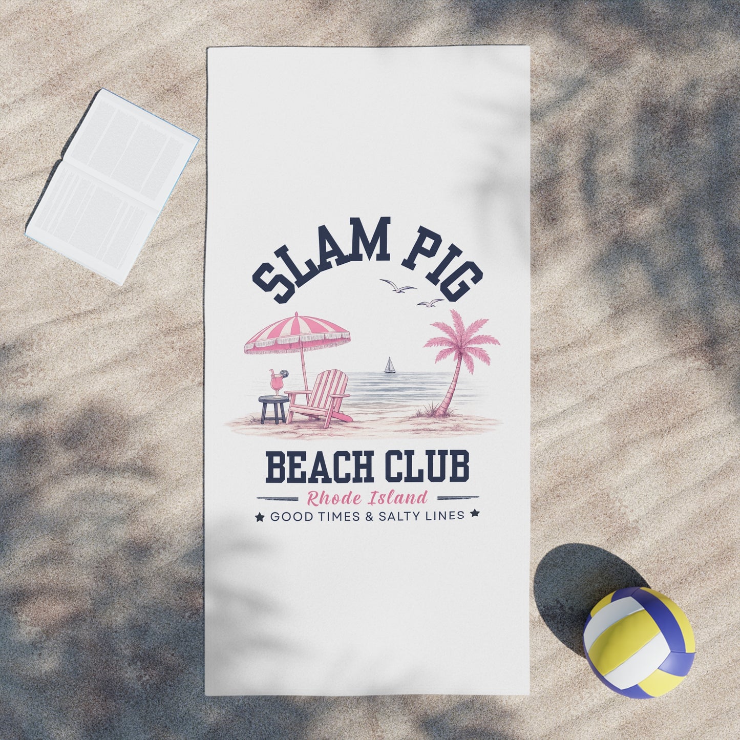 Slam Pig Beach Towel, Rhode Island Beach Club Towel, Coastal Pool Towel, Pink Navy Beach Towel, Summer Vacation Gift, RHORI