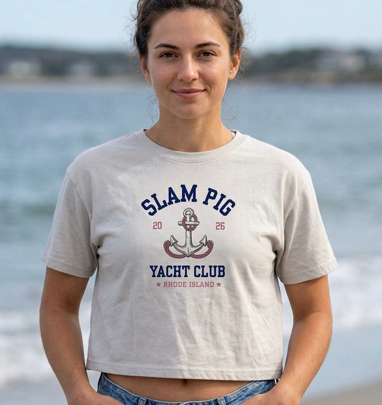 Rhode Island Slam Pig Yacht Club Cropped Tee | Anchor Nautical Graphic Crop Shirt | RHORI