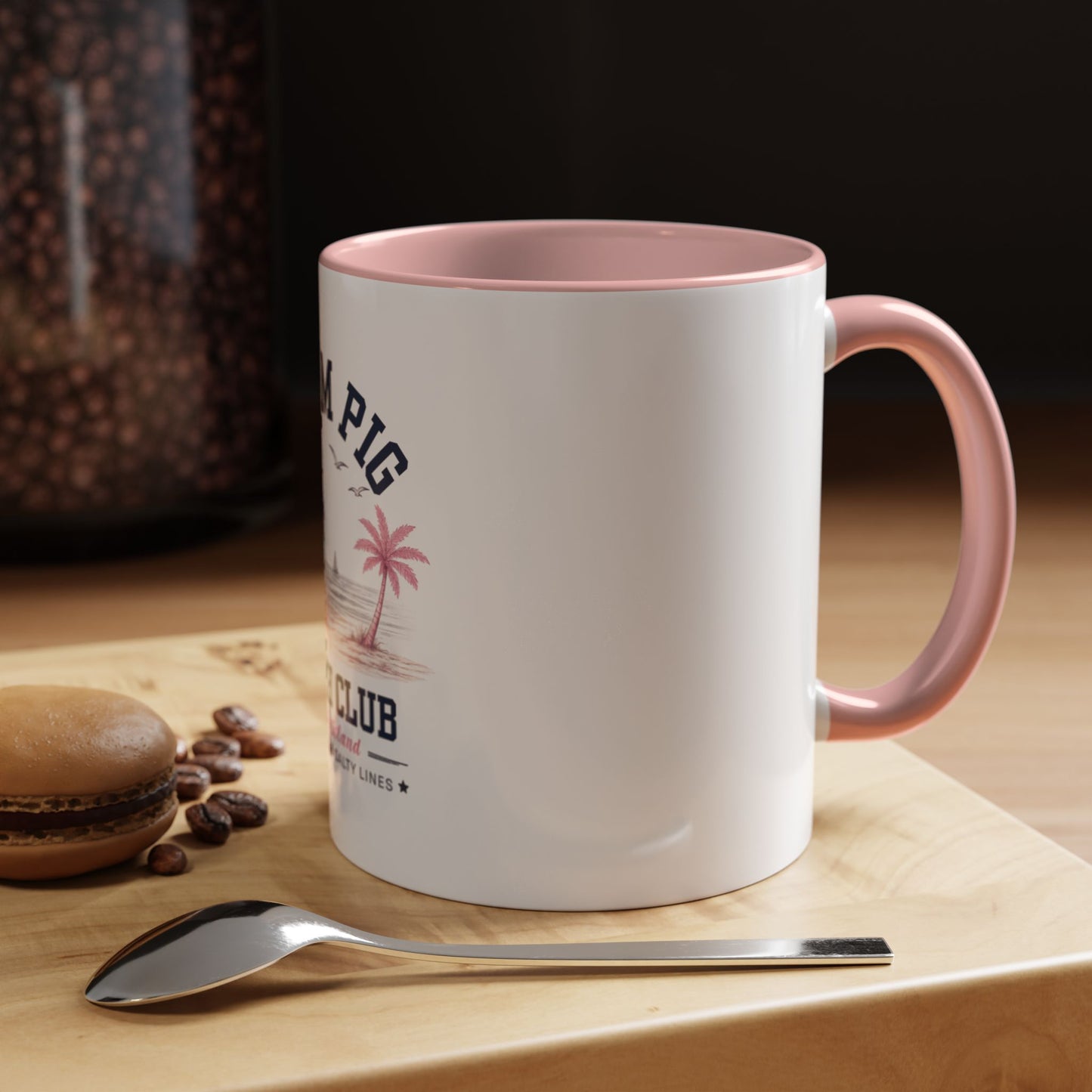 Slam Pig Beach Club Mug | Rhode Island Coffee Mug | Coastal Beach Lover Gift | Nautical Pink & Navy Mug | Funny Vacation Mug | Ceramic Cup
