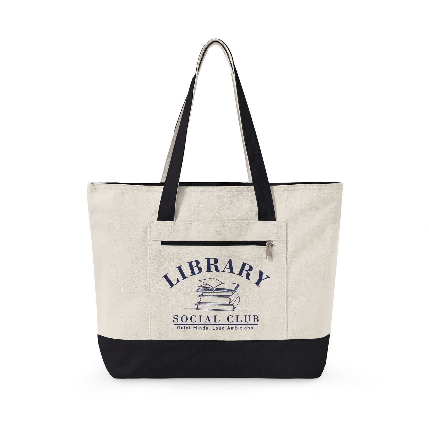 Quiet Minds Loud Ambitions, Library Social Club Canvas Tote Bag, Zippered Book Lover Gift for Readers, Librarians, Teachers, Personalize it!