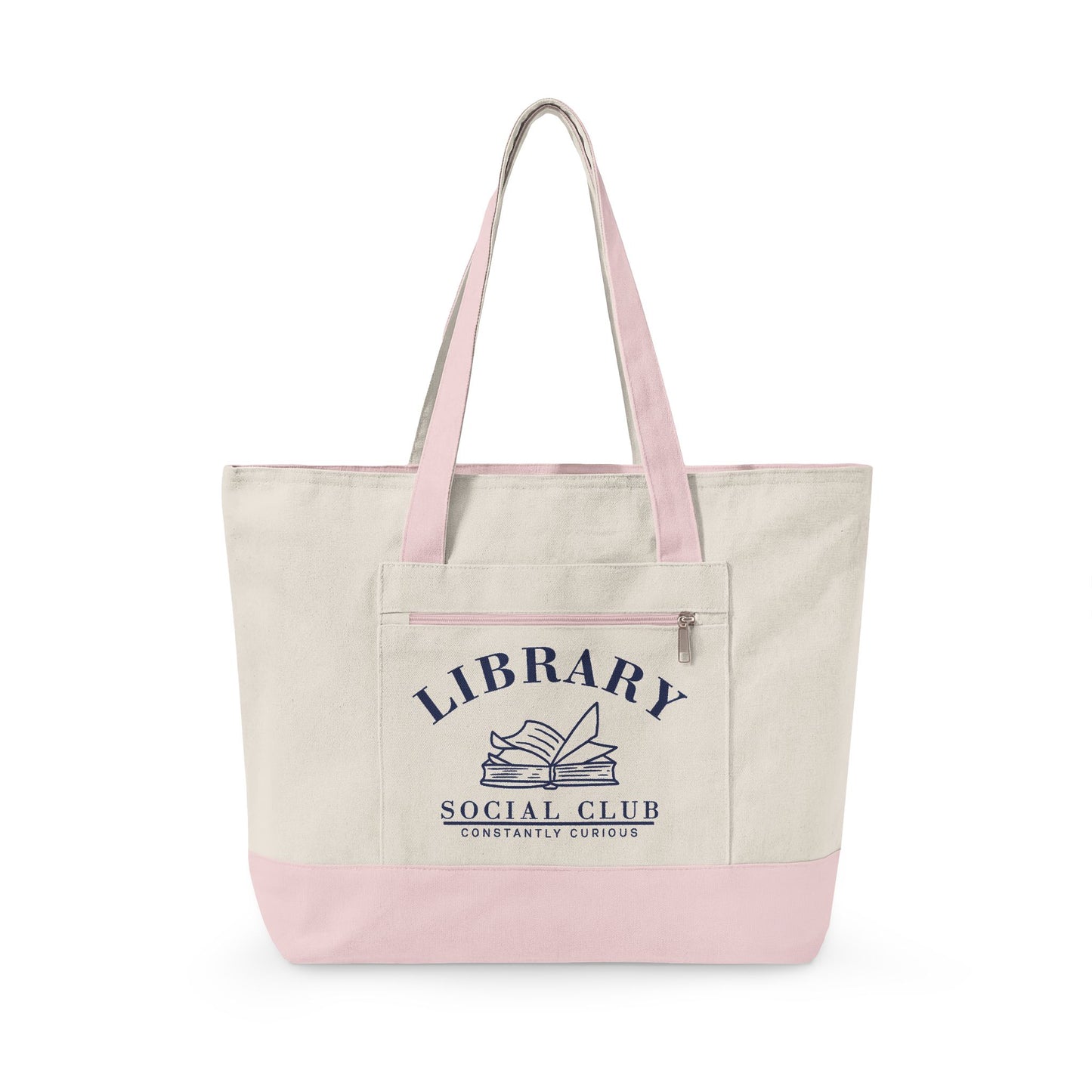 Constantly Curious, Library Social Club Canvas Tote Bag, Zippered Book Lover Gift for Readers, Librarians, Teachers, Personalize it!