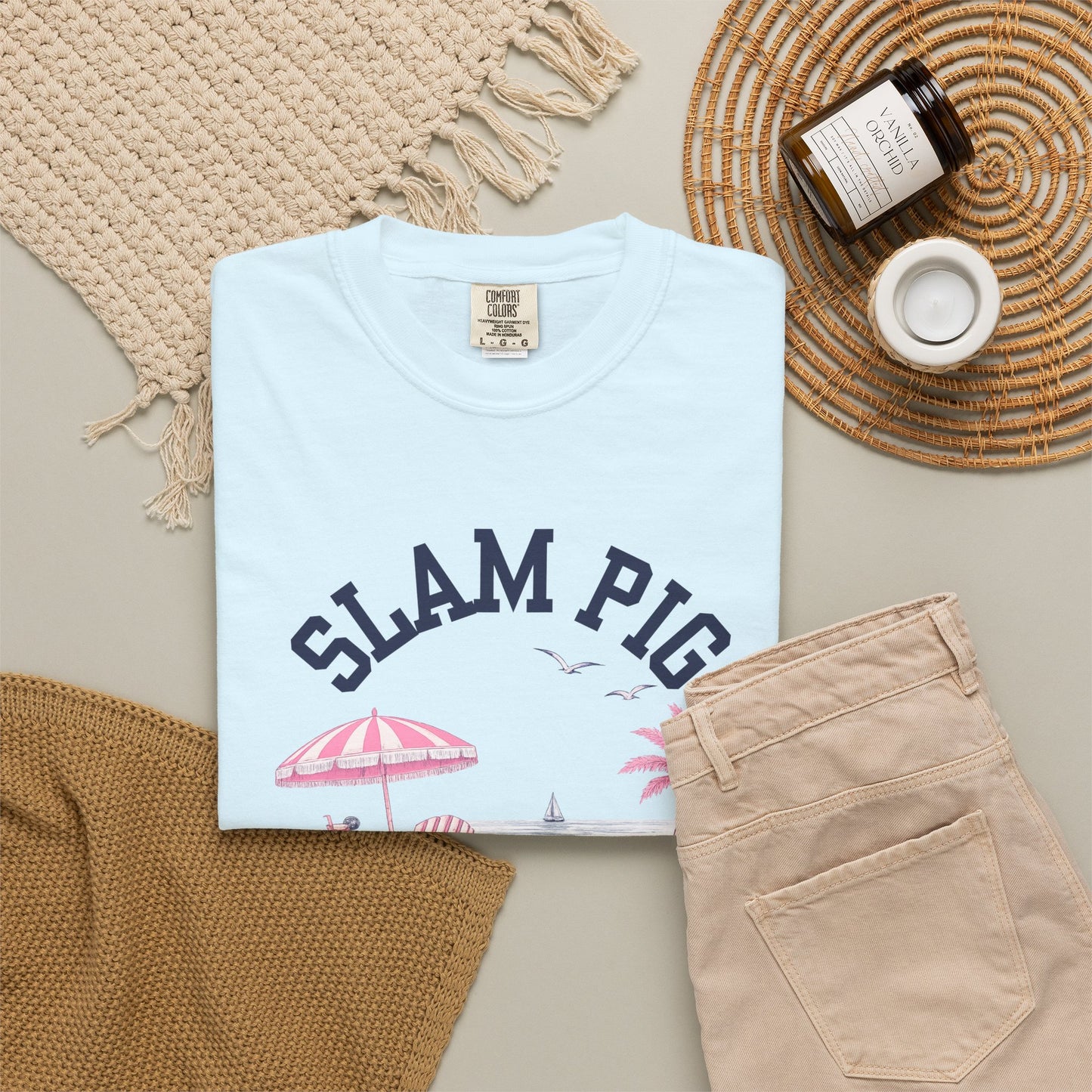 Slam Pig Beach Club Shirt, Rhode Island Beach Tee, Coastal Summer Shirt, Comfort Colors Chambray Graphic Tee, Nautical Gift, RHORI