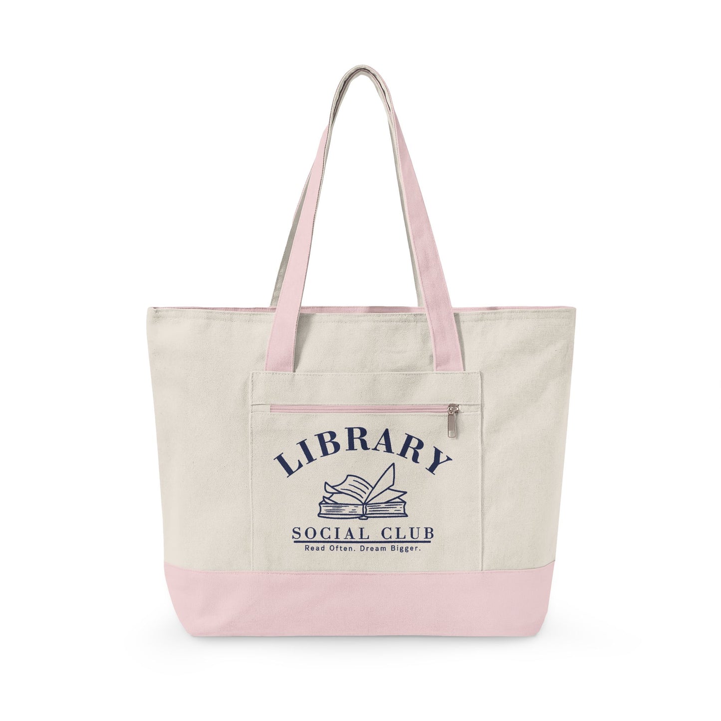 Read Often Dream Bigger, Library Social Club Canvas Tote Bag, Zippered Book Lover Gift for Readers, Librarians, Teachers