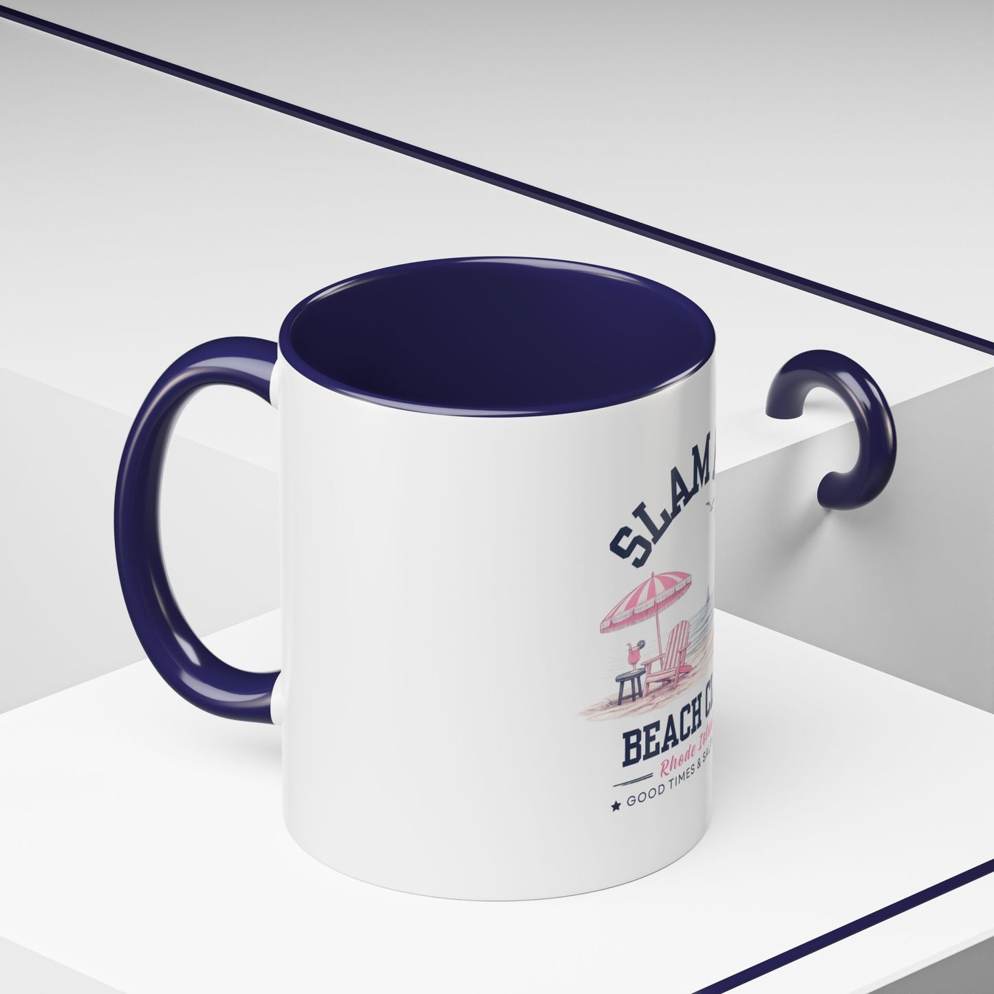 Slam Pig Beach Club Mug | Rhode Island Coffee Mug | Coastal Beach Lover Gift | Nautical Pink & Navy Mug | Funny Vacation Mug | Ceramic Cup