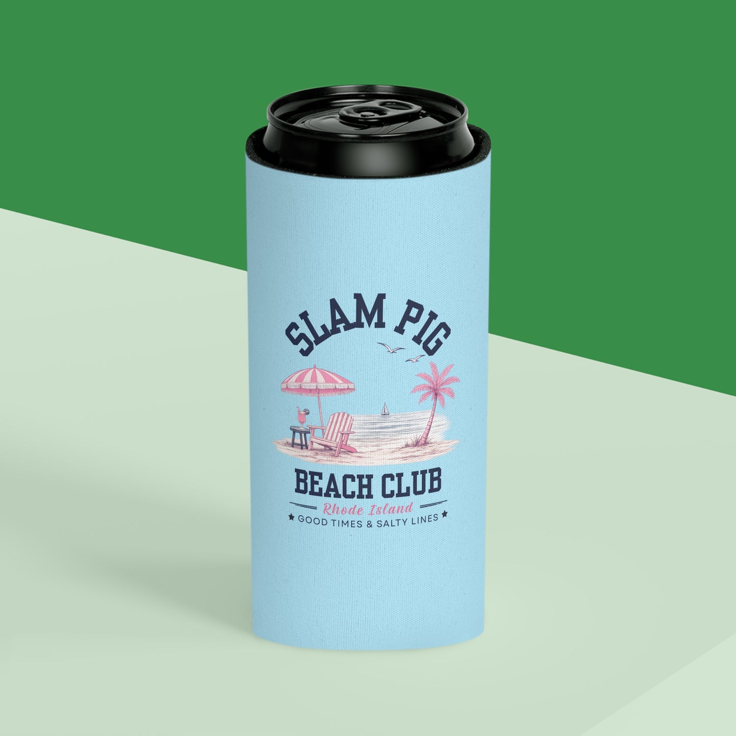 Slam Pig Beach Club Can Cooler, Rhode Island Drink Cooler, Beach Lover Gift, Slim & Regular Can Cooler, Coastal Summer Gift