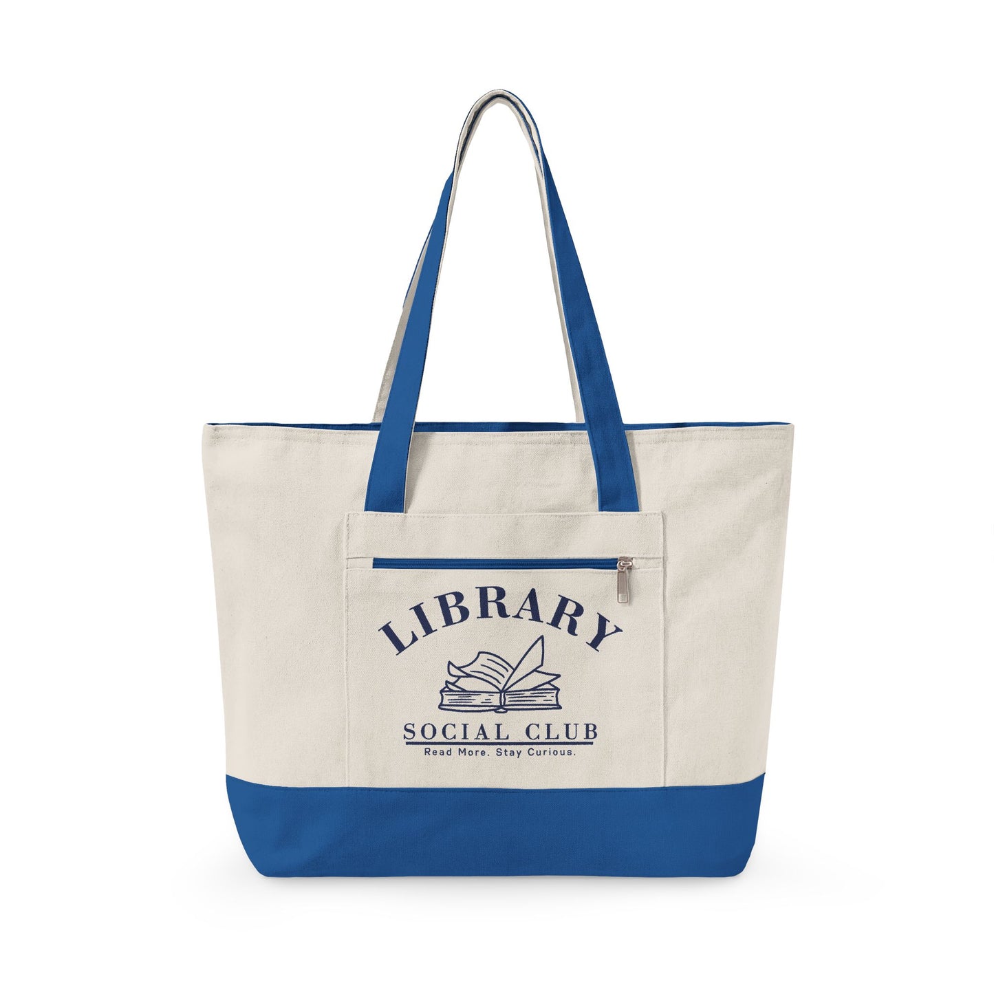 Read More Stay Curious, Library Social Club Canvas Tote Bag, Zippered Book Lover Gift for Readers, Librarians, Teachers