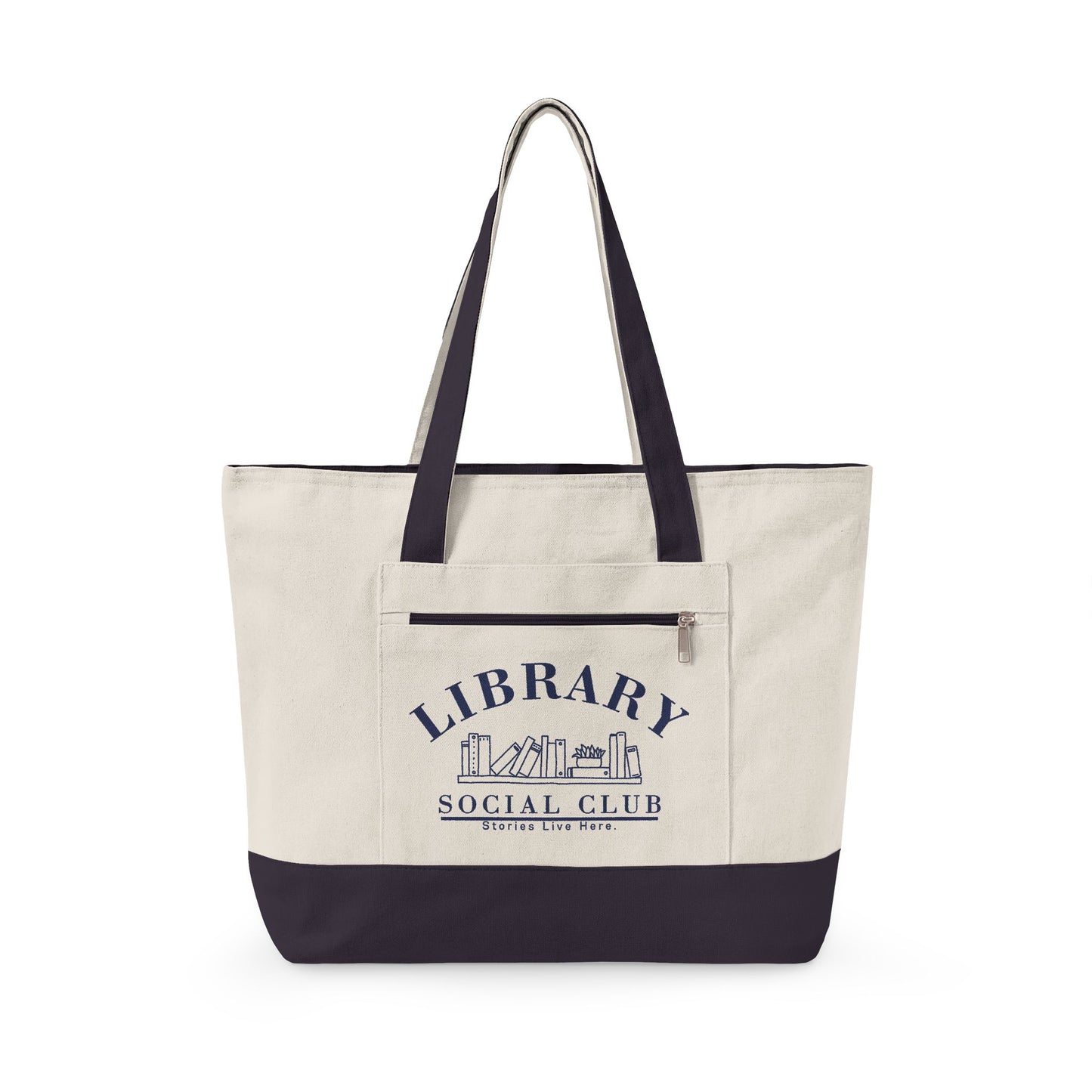 Stories Live Here, Library Social Club Canvas Tote Bag, Zippered Book Lover Gift for Readers, Librarians, Teachers, Personalize it!