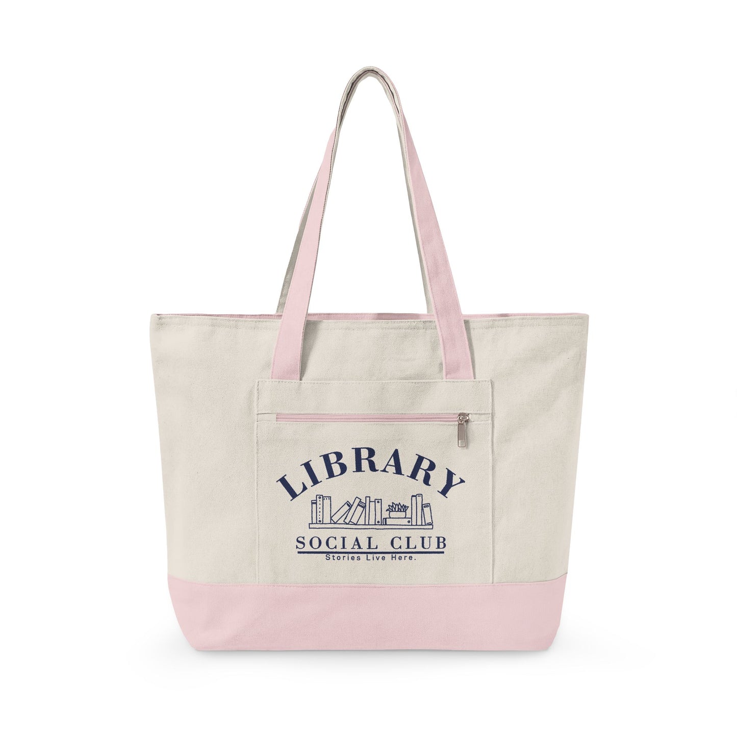Stories Live Here, Library Social Club Canvas Tote Bag, Zippered Book Lover Gift for Readers, Librarians, Teachers, Personalize it!
