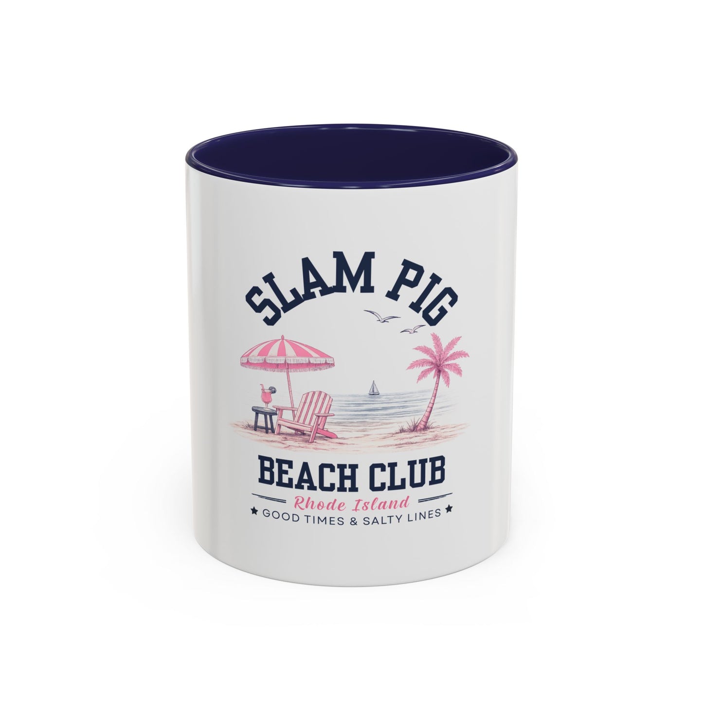 Slam Pig Beach Club Mug | Rhode Island Coffee Mug | Coastal Beach Lover Gift | Nautical Pink & Navy Mug | Funny Vacation Mug | Ceramic Cup