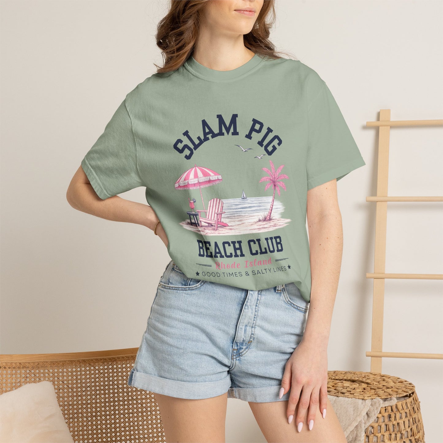 Slam Pig Beach Club Shirt, Rhode Island Beach Tee, Coastal Summer Shirt, Comfort Colors Chambray Graphic Tee, Nautical Gift, RHORI