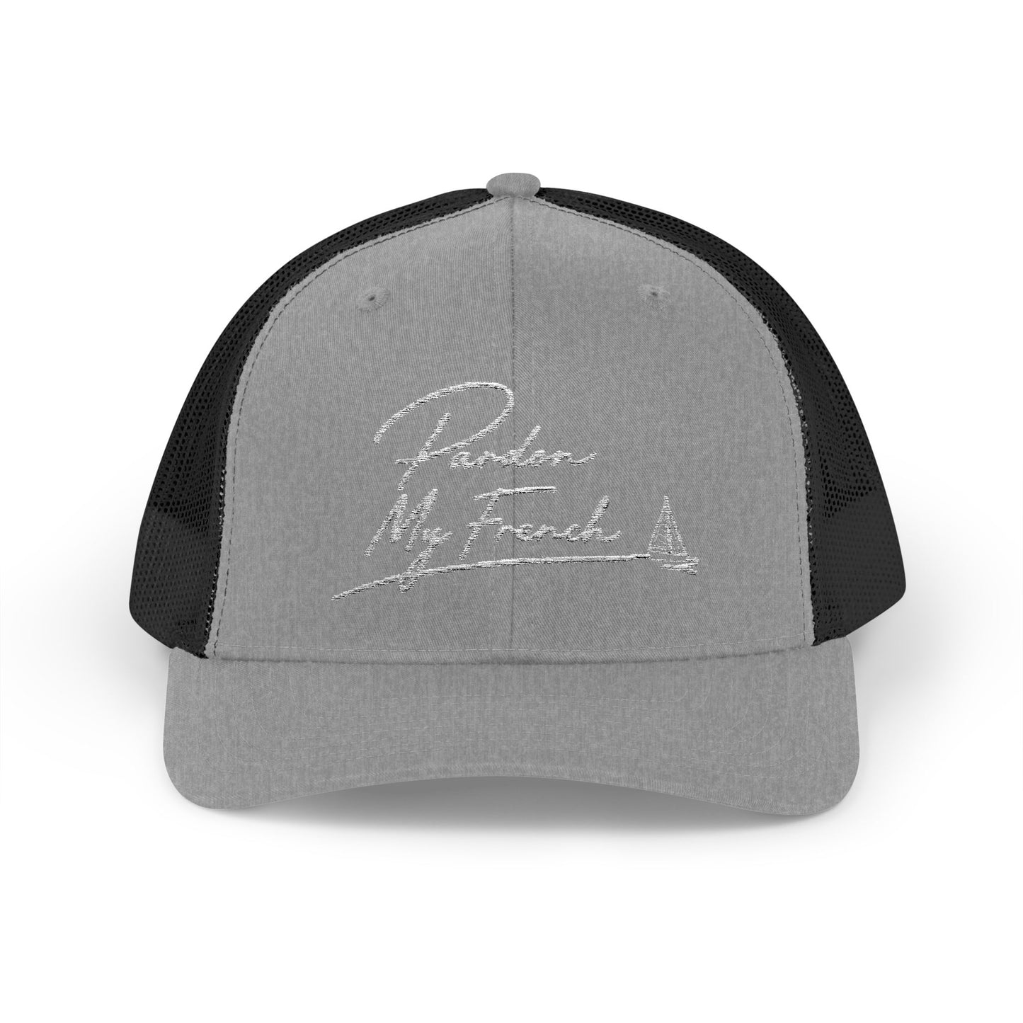 Pardon My French Trucker Cap | Script Sailboat Embroidered