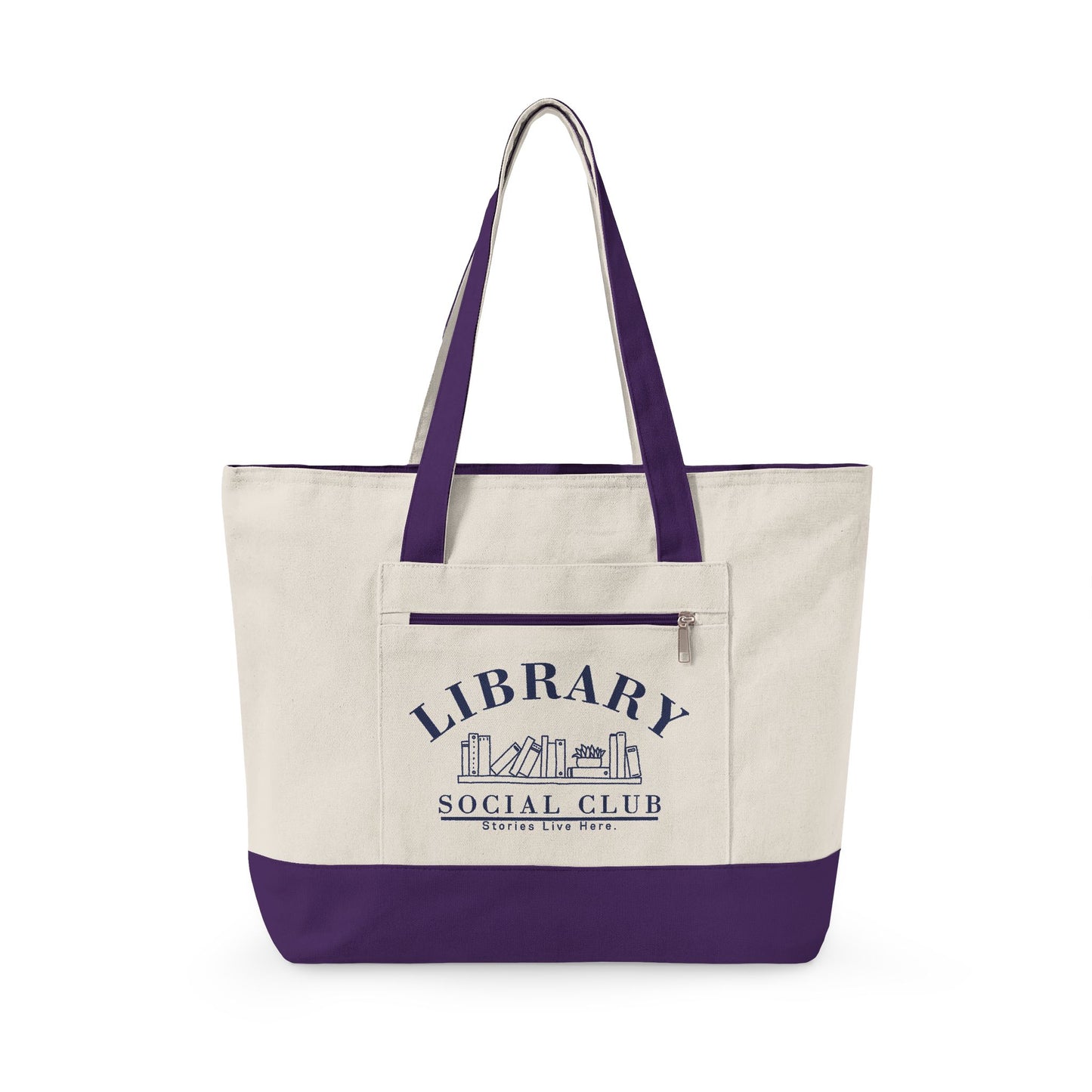 Stories Live Here, Library Social Club Canvas Tote Bag, Zippered Book Lover Gift for Readers, Librarians, Teachers, Personalize it!