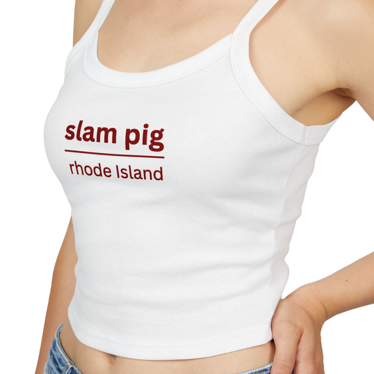 Slam Pig Rhode Island Y2K Baby Tee | Ironic Reality TV Slogan Crop Top | Trendy Red Text Graphic Tee