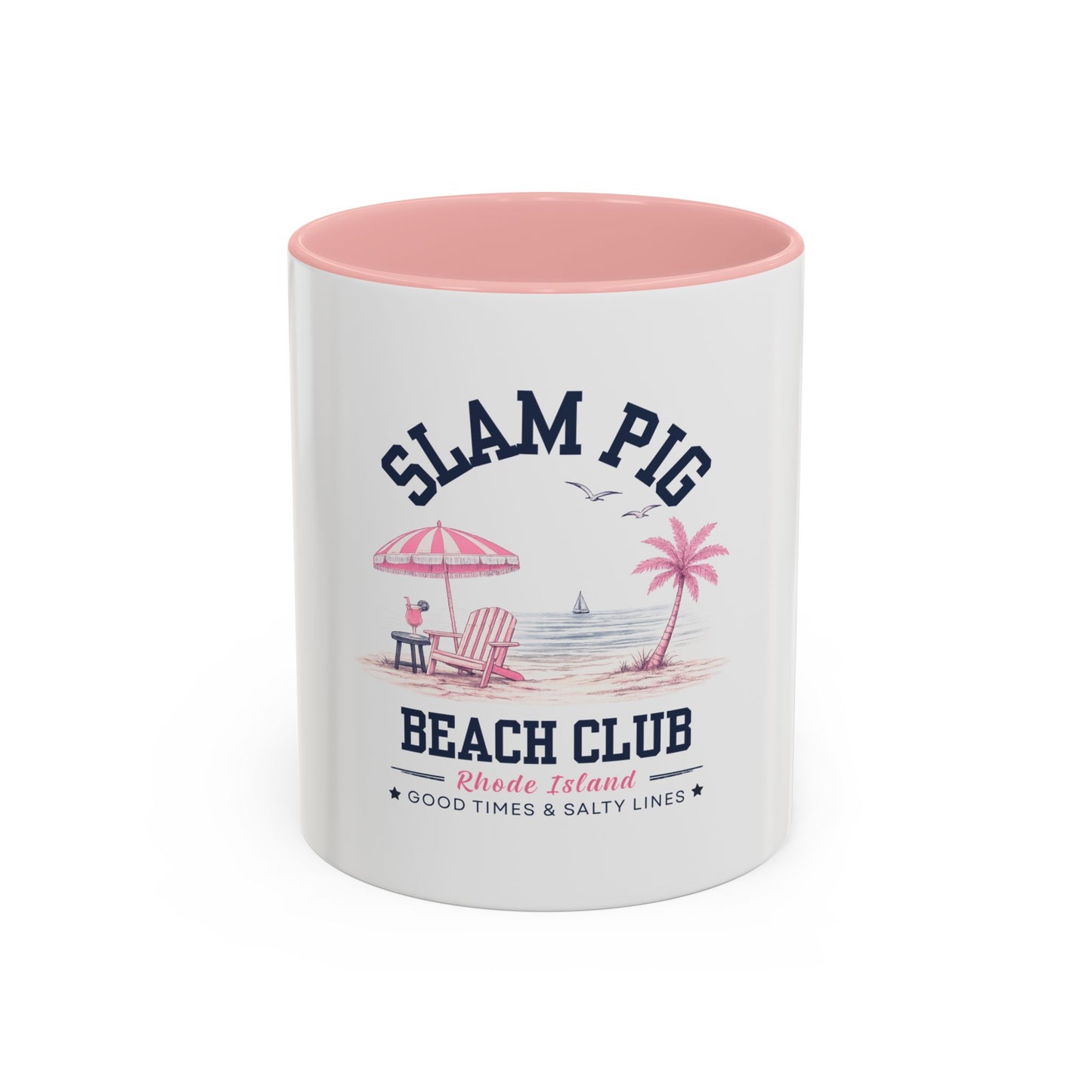 Slam Pig Beach Club Mug | Rhode Island Coffee Mug | Coastal Beach Lover Gift | Nautical Pink & Navy Mug | Funny Vacation Mug | Ceramic Cup