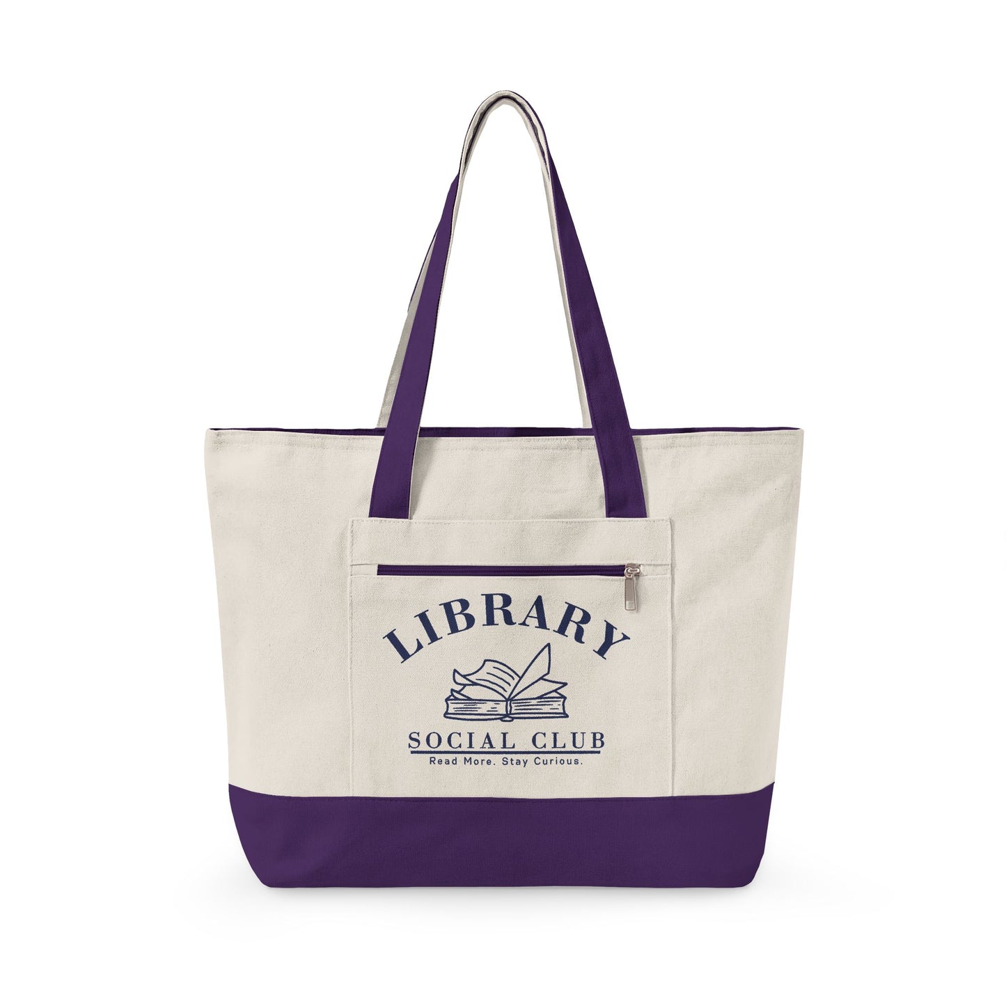 Read More Stay Curious, Library Social Club Canvas Tote Bag, Zippered Book Lover Gift for Readers, Librarians, Teachers
