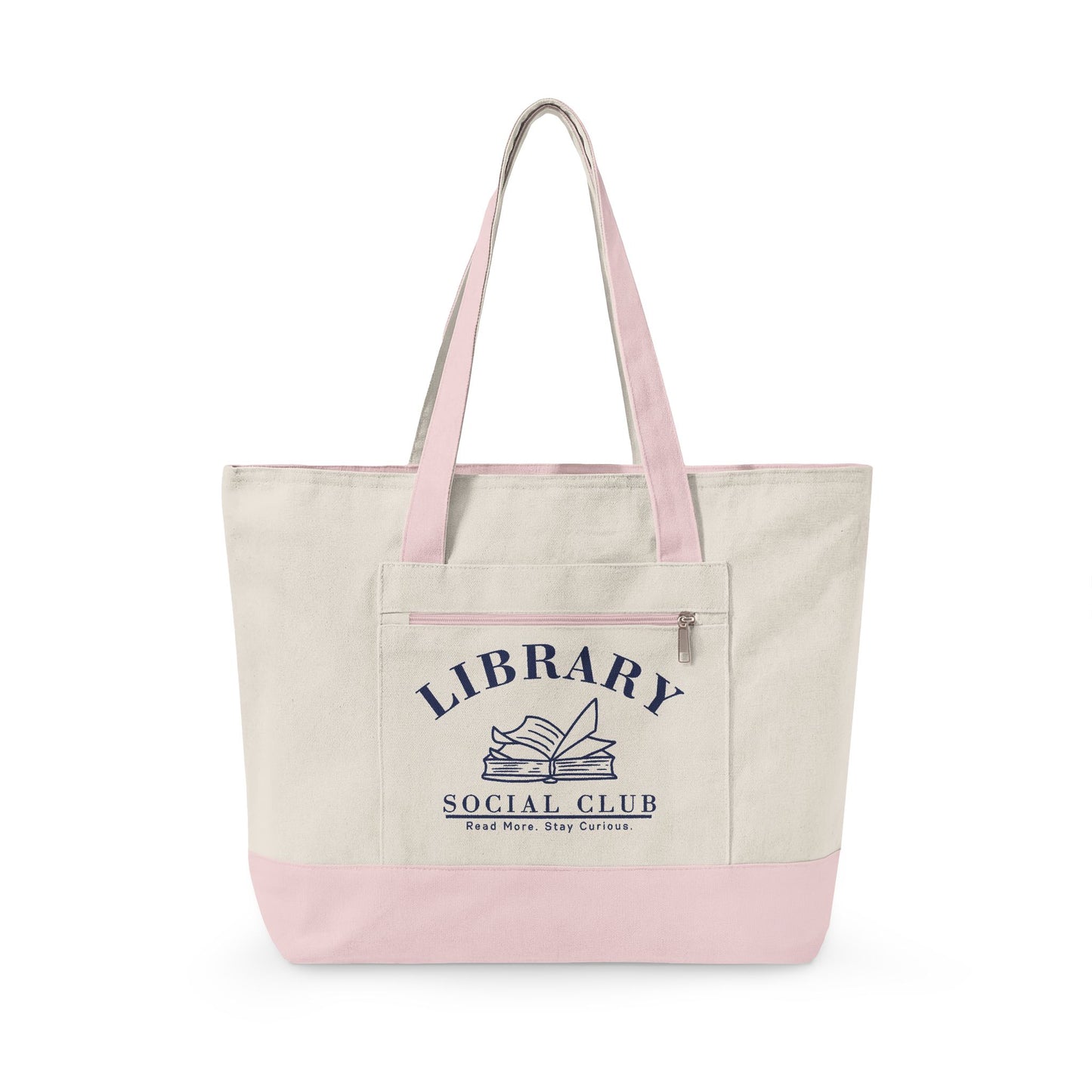 Read More Stay Curious, Library Social Club Canvas Tote Bag, Zippered Book Lover Gift for Readers, Librarians, Teachers