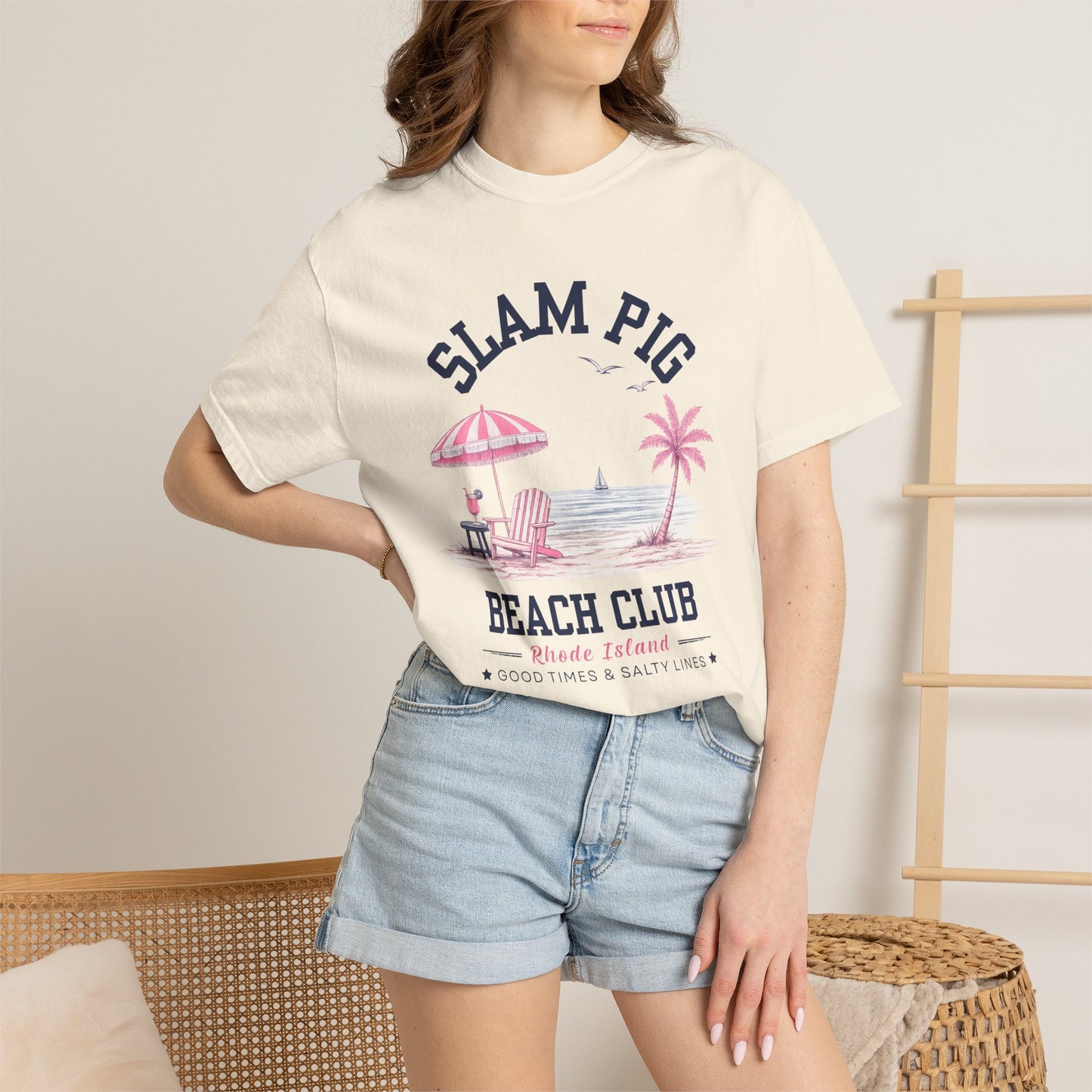 Slam Pig Beach Club Shirt, Rhode Island Beach Tee, Coastal Summer Shirt, Comfort Colors Chambray Graphic Tee, Nautical Gift, RHORI