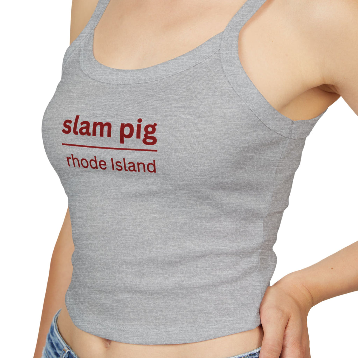 Slam Pig Rhode Island Y2K Baby Tee | Ironic Reality TV Slogan Crop Top | Trendy Red Text Graphic Tee