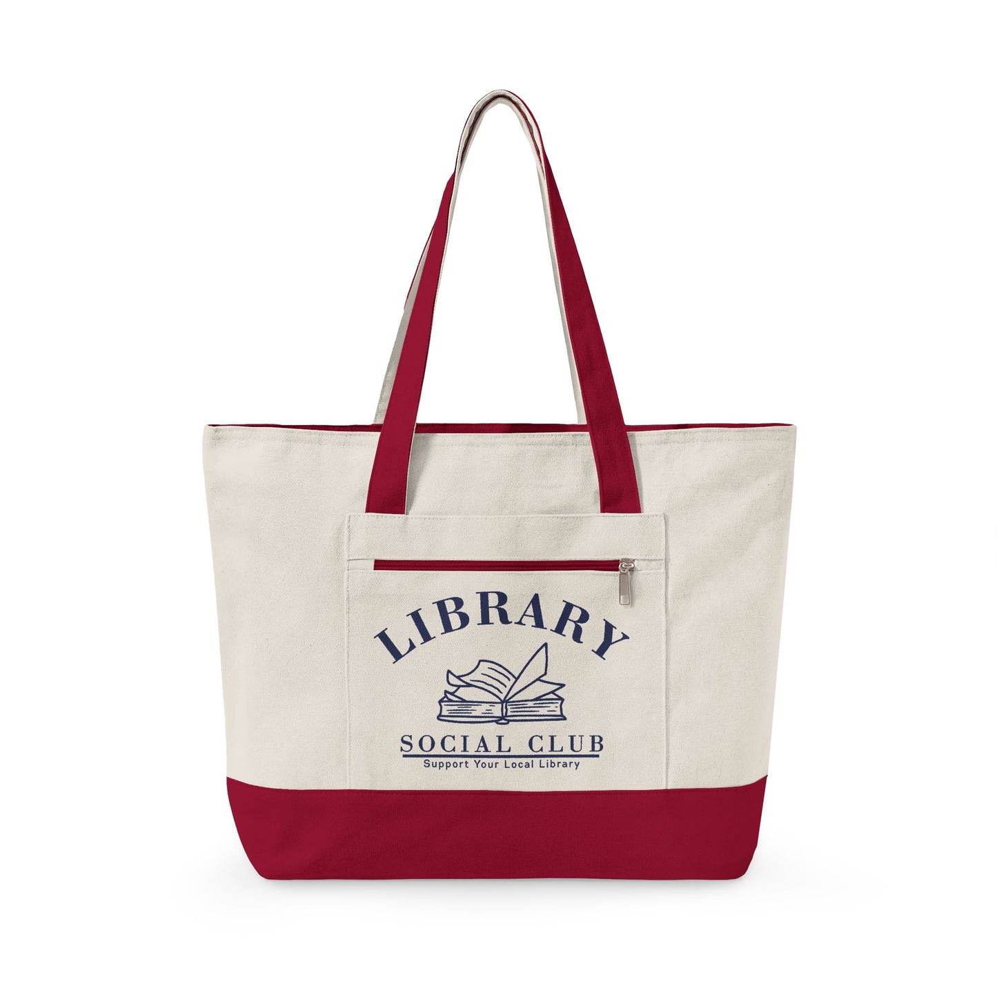 Support Your Local Library, Library Social Club Canvas Tote Bag, Zippered Book Lover Gift for Readers, Librarians, Teachers, Personalize it!