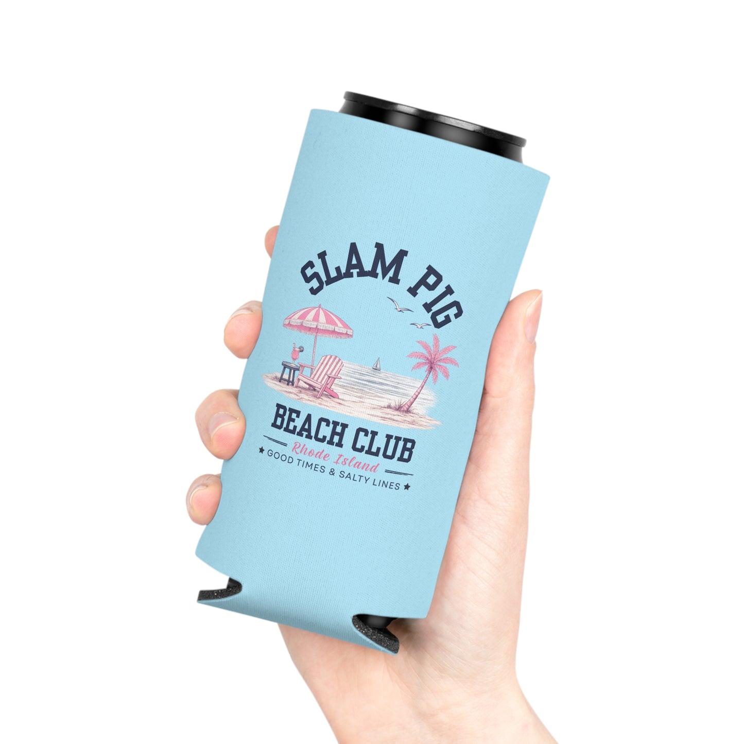 Slam Pig Beach Club Can Cooler, Rhode Island Drink Cooler, Beach Lover Gift, Slim & Regular Can Cooler, Coastal Summer Gift