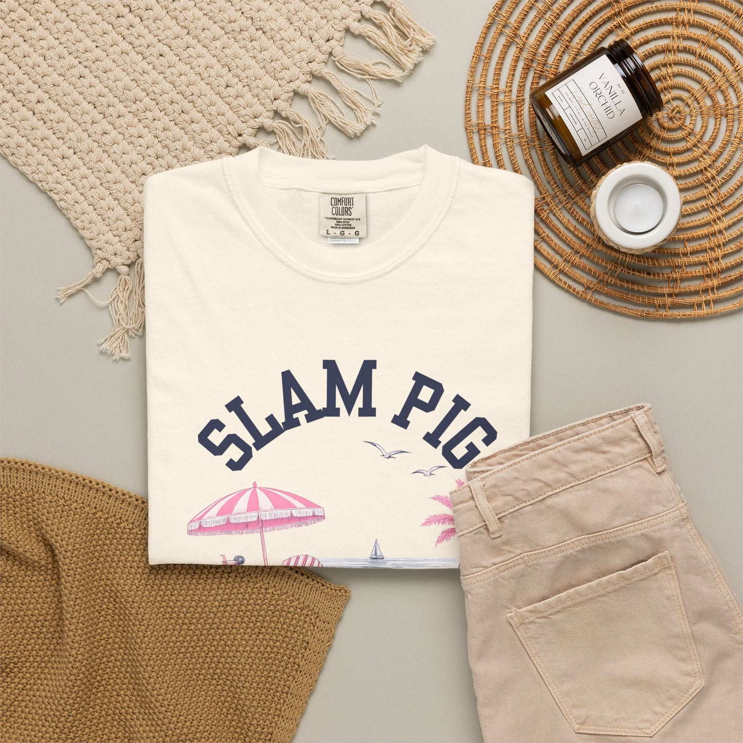 Slam Pig Beach Club Shirt, Rhode Island Beach Tee, Coastal Summer Shirt, Comfort Colors Chambray Graphic Tee, Nautical Gift, RHORI