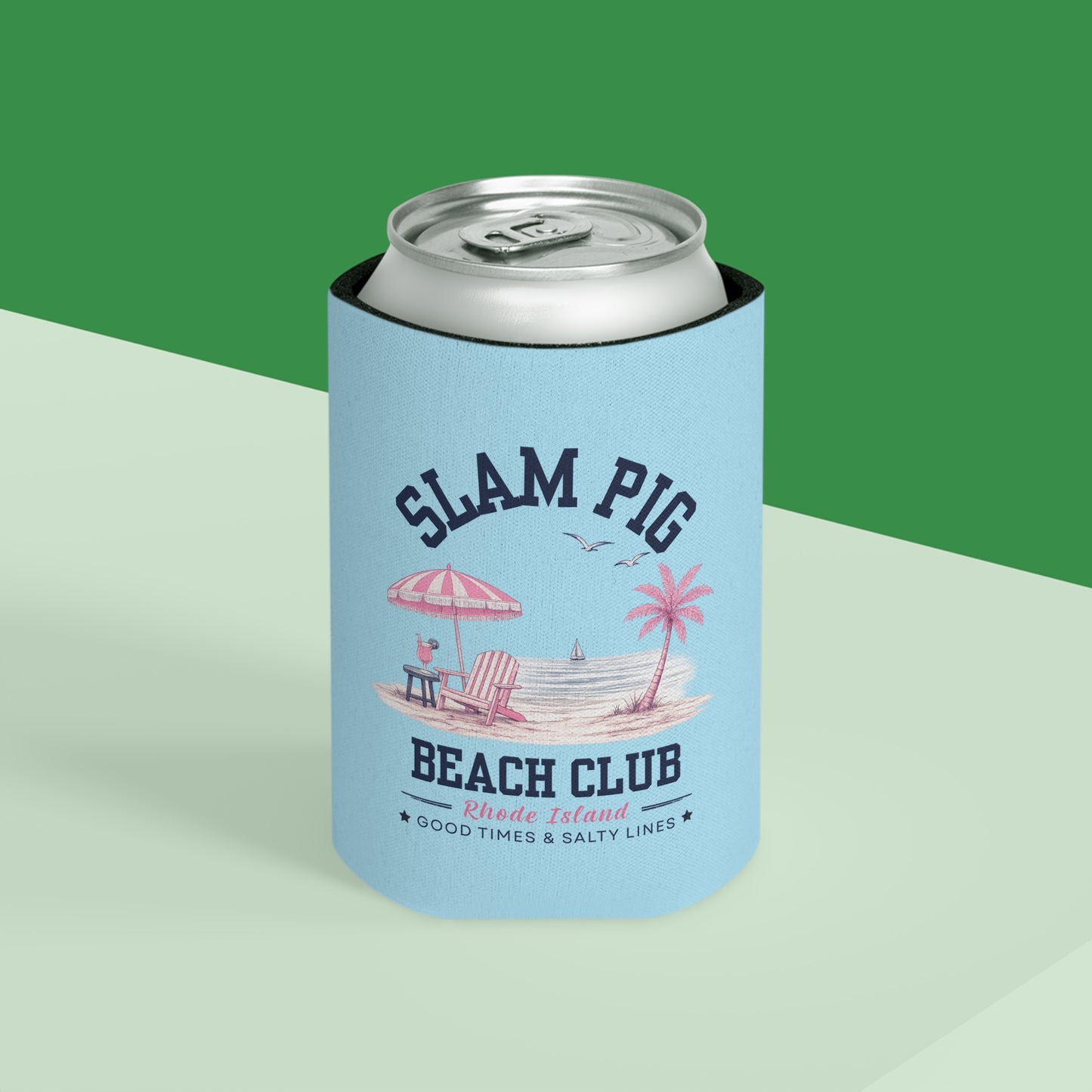 Slam Pig Beach Club Can Cooler, Rhode Island Drink Cooler, Beach Lover Gift, Slim & Regular Can Cooler, Coastal Summer Gift