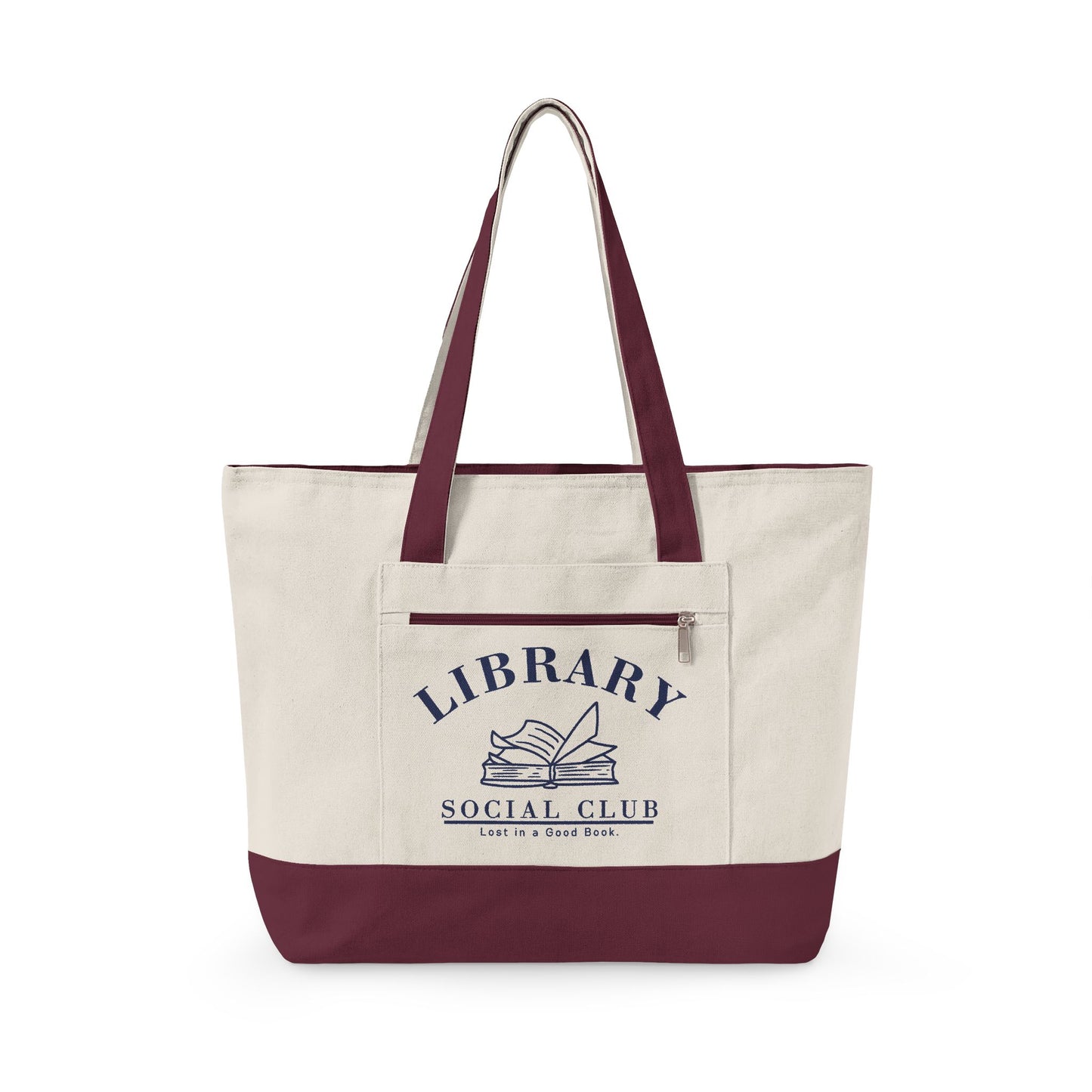 Lost in a Good Book, Library Social Club Canvas Tote Bag, Zippered Book Lover Gift for Readers, Librarians, Teachers, Personalize it!