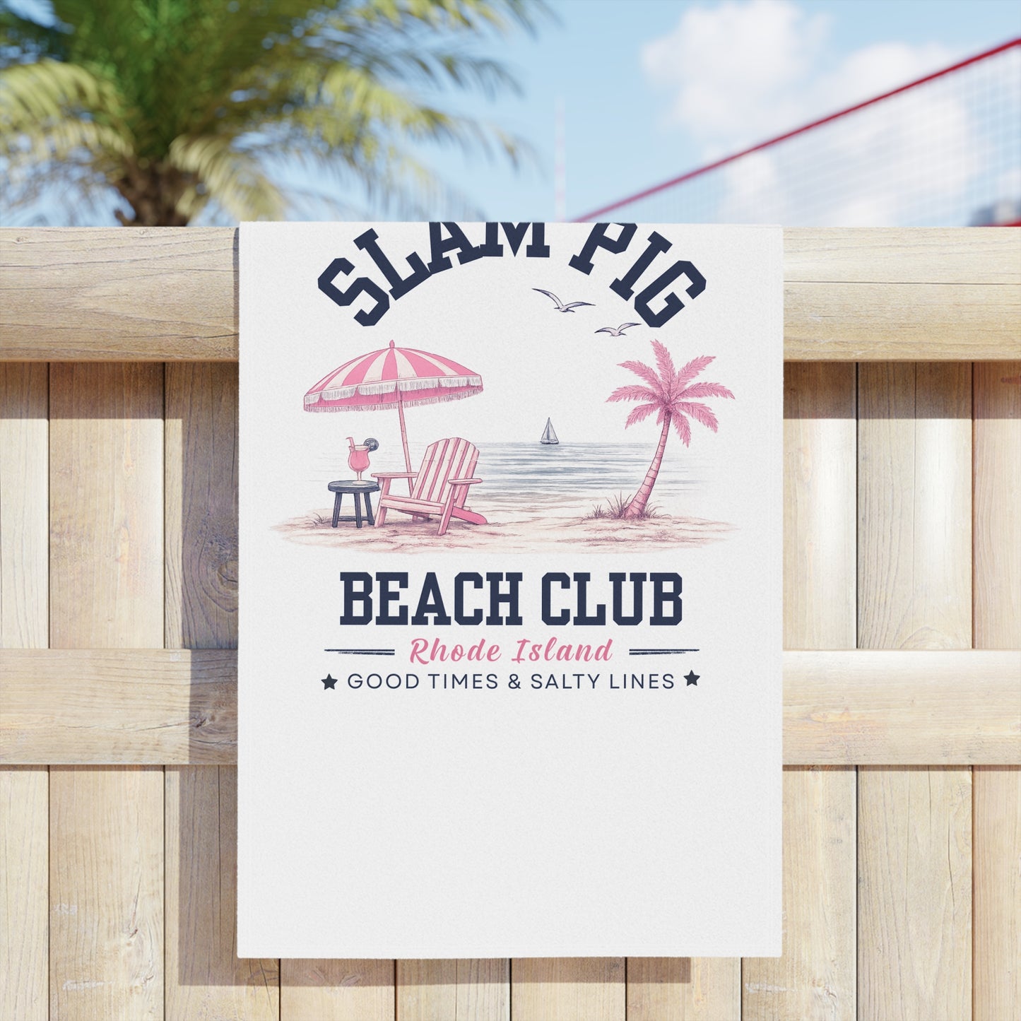 Slam Pig Beach Towel, Rhode Island Beach Club Towel, Coastal Pool Towel, Pink Navy Beach Towel, Summer Vacation Gift, RHORI