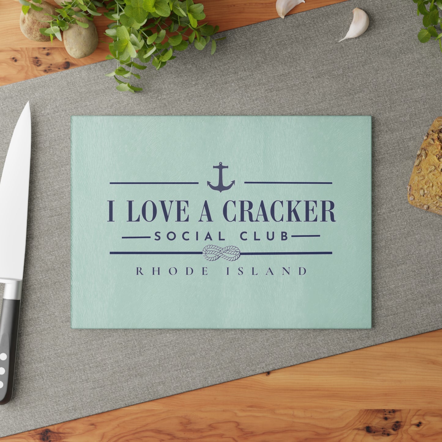 I Love a Cracker Social Club Glass Cutting Board | RHORI Rhode Island Kitchen Decor | Charcuterie Board Gift