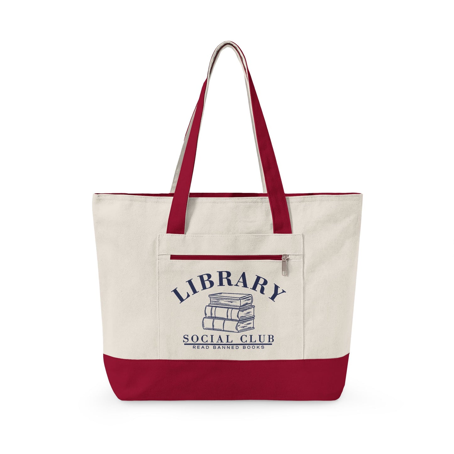 Read Banned Books, Library Social Club Canvas Tote Bag, Zippered Book Lover Gift for Readers, Librarians, Teachers, Personalize it!