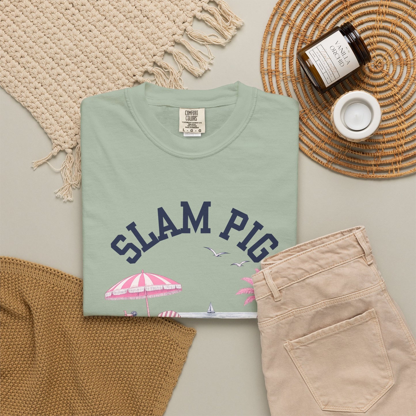 Slam Pig Beach Club Shirt, Rhode Island Beach Tee, Coastal Summer Shirt, Comfort Colors Chambray Graphic Tee, Nautical Gift, RHORI