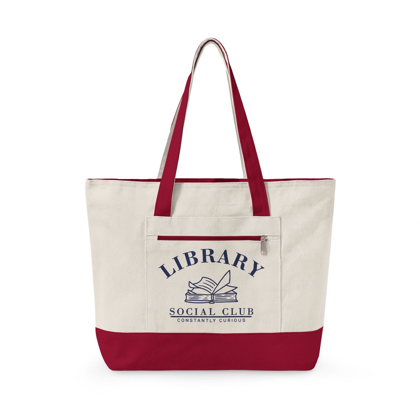 Constantly Curious, Library Social Club Canvas Tote Bag, Zippered Book Lover Gift for Readers, Librarians, Teachers, Personalize it!