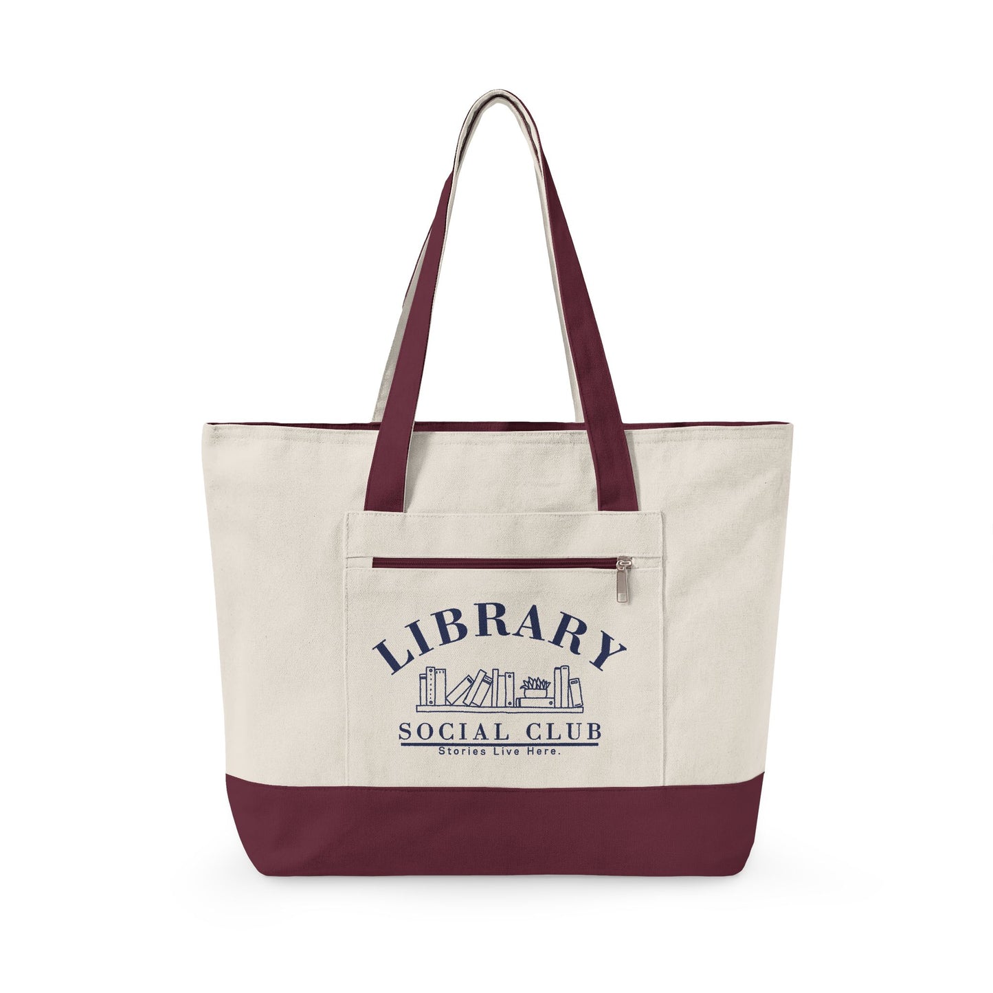 Stories Live Here, Library Social Club Canvas Tote Bag, Zippered Book Lover Gift for Readers, Librarians, Teachers, Personalize it!