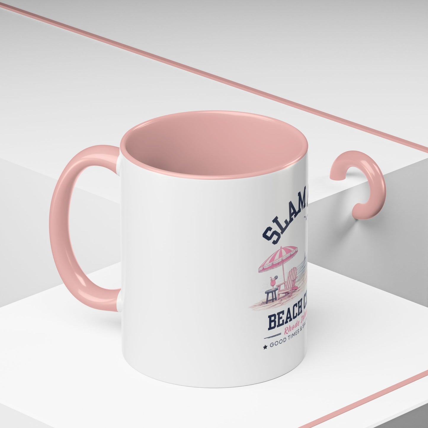 Slam Pig Beach Club Mug | Rhode Island Coffee Mug | Coastal Beach Lover Gift | Nautical Pink & Navy Mug | Funny Vacation Mug | Ceramic Cup