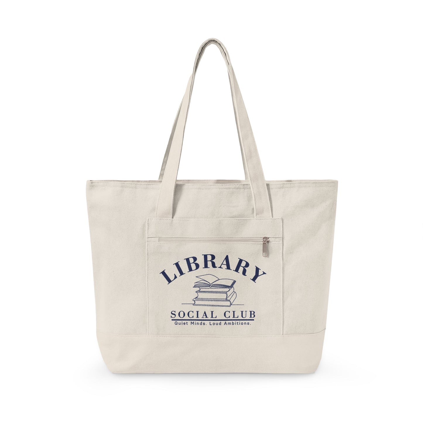 Quiet Minds Loud Ambitions, Library Social Club Canvas Tote Bag, Zippered Book Lover Gift for Readers, Librarians, Teachers, Personalize it!