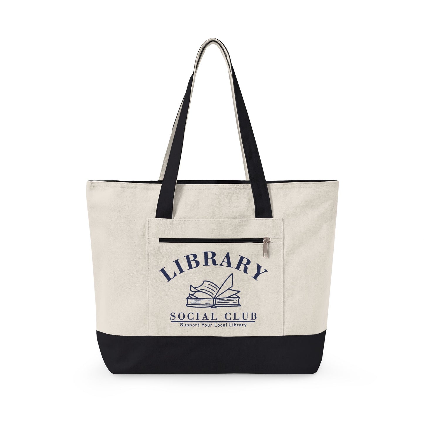 Support Your Local Library, Library Social Club Canvas Tote Bag, Zippered Book Lover Gift for Readers, Librarians, Teachers, Personalize it!