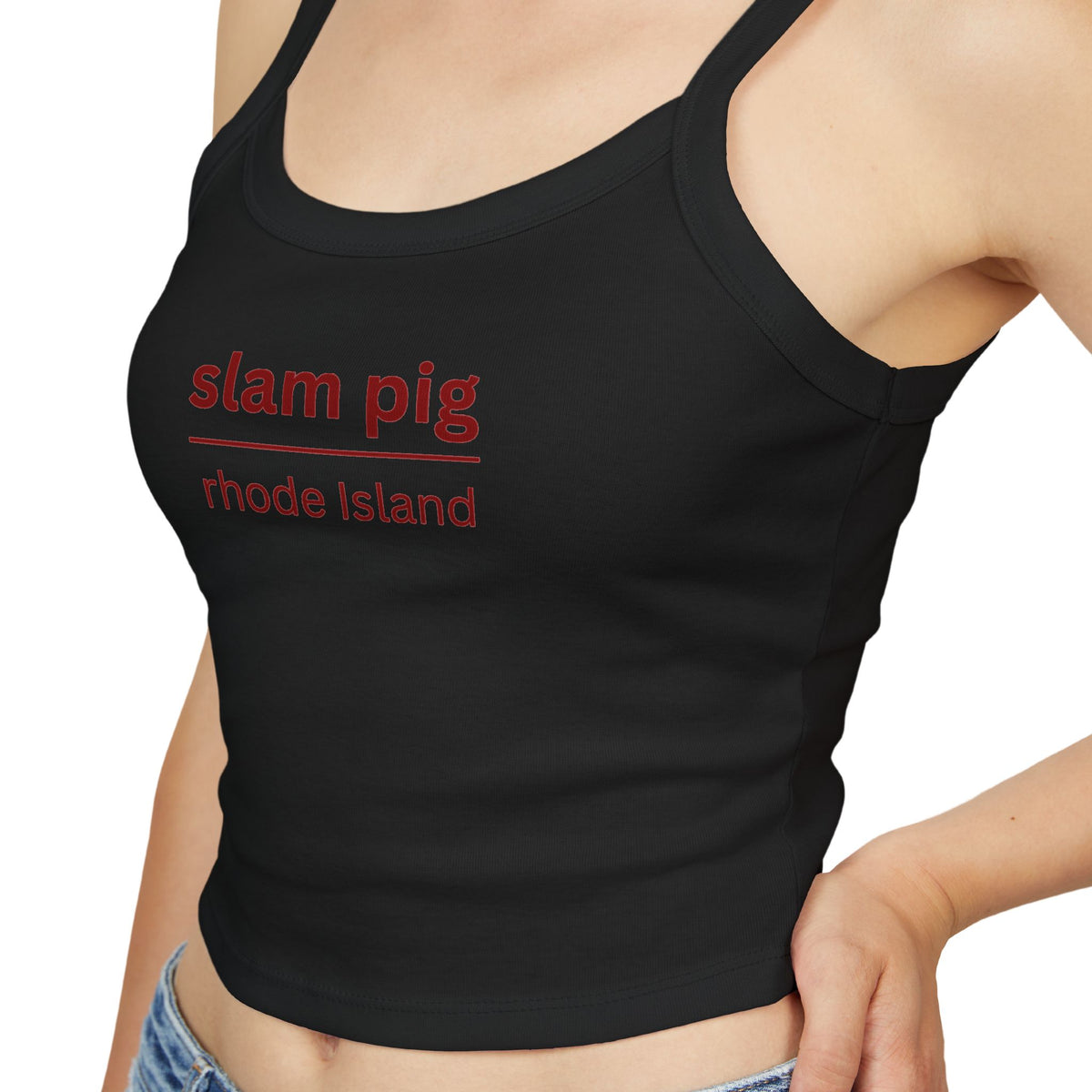 Slam Pig Rhode Island Y2K Baby Tee | Ironic Reality TV Slogan Crop Top | Trendy Red Text Graphic Tee