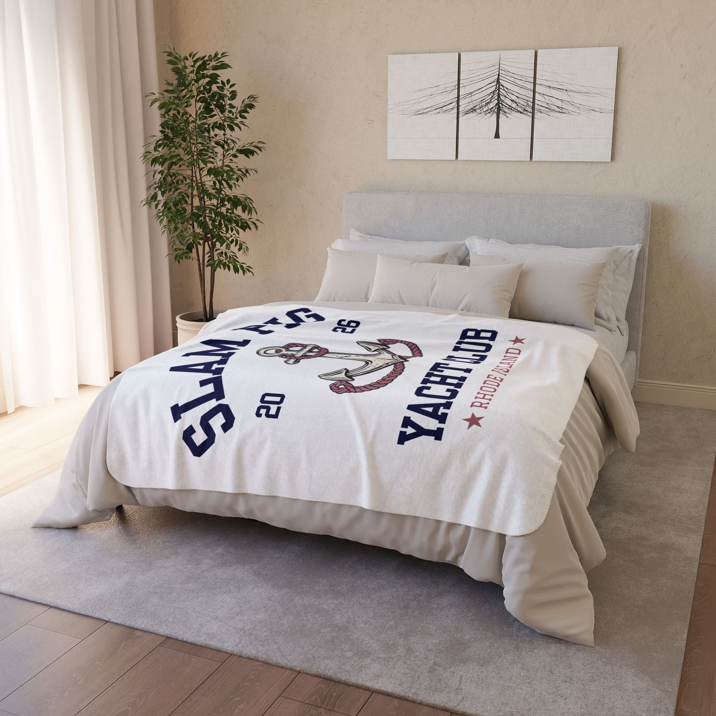 Slam Pig Yacht Club Sherpa Fleece Blanket, Coastal Throw Blanket, Nautical Blanket, Boat Blanket, Beach House Decor, Gift | RHORI
