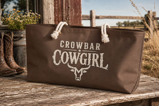 Crowbar Cowgirl Western Tote Bag, Brown Canvas Carryall, Country Style, Rodeo Gift, McBee