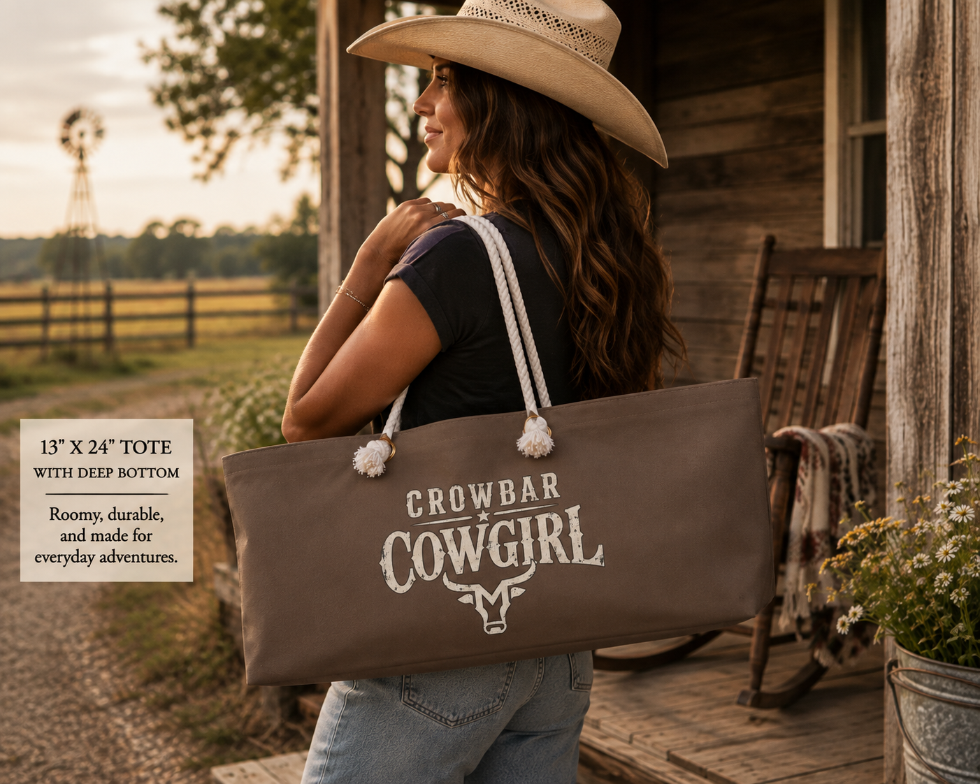 Crowbar Cowgirl Western Tote Bag, Brown Canvas Carryall, Country Style, Rodeo Gift, McBee