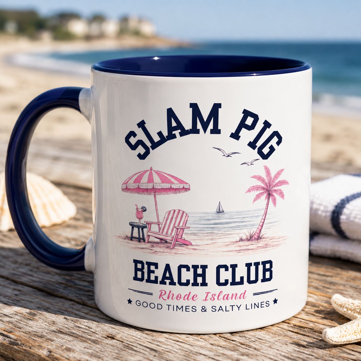 Slam Pig Beach Club Mug | Rhode Island Coffee Mug | Coastal Beach Lover Gift | Nautical Pink & Navy Mug | Funny Vacation Mug | Ceramic Cup