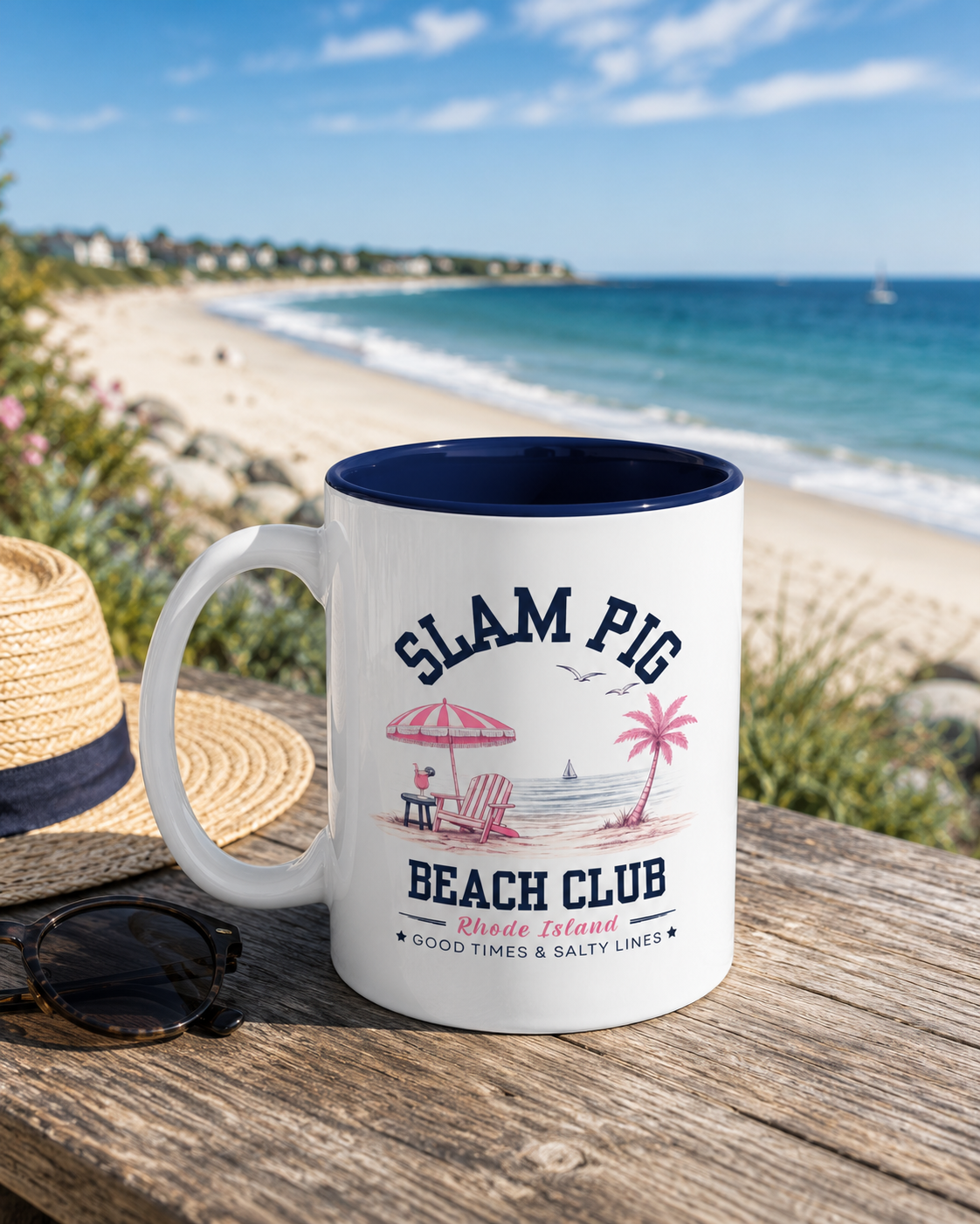Slam Pig Beach Club Mug | Rhode Island Coffee Mug | Coastal Beach Lover Gift | Nautical Pink & Navy Mug | Funny Vacation Mug | Ceramic Cup