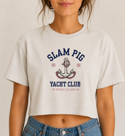 Rhode Island Slam Pig Yacht Club Cropped Tee | Anchor Nautical Graphic Crop Shirt | RHORI