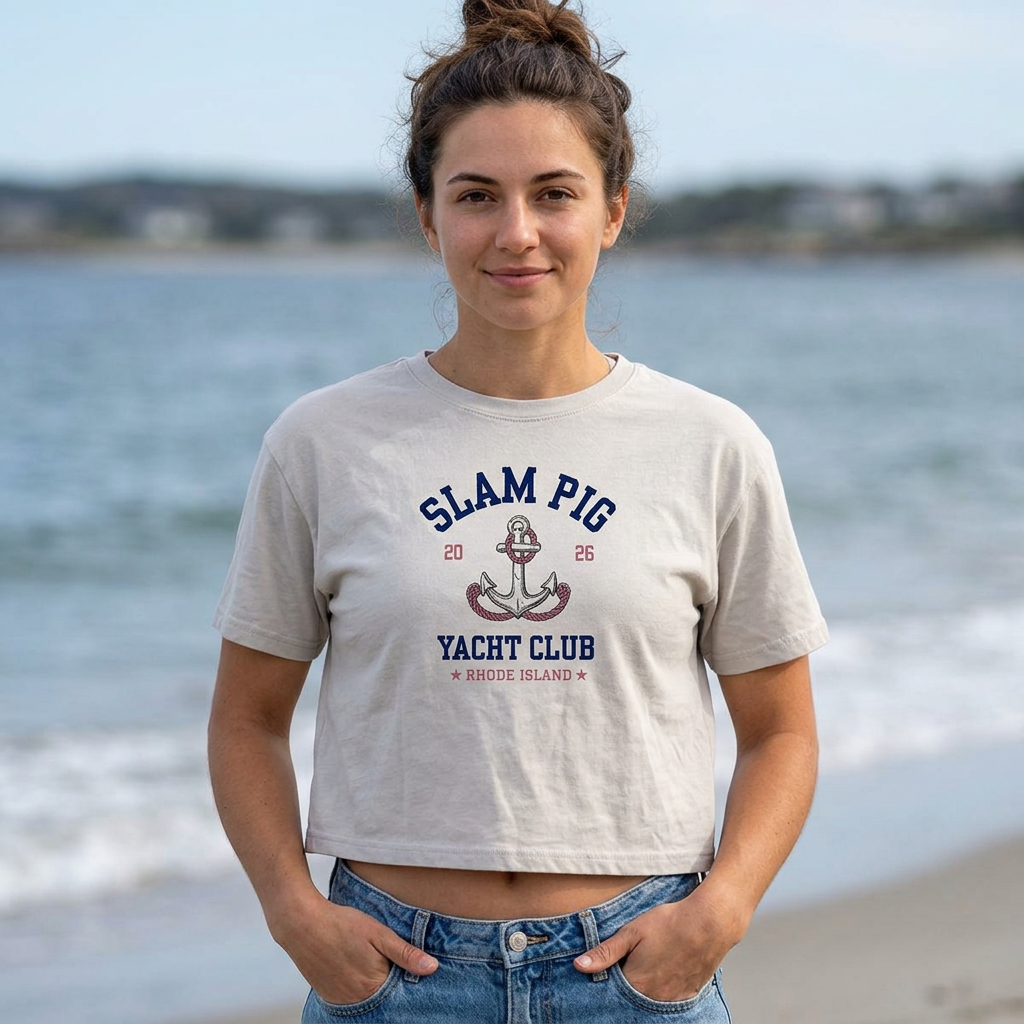 Rhode Island Slam Pig Yacht Club Cropped Tee | Anchor Nautical Graphic Crop Shirt | RHORI