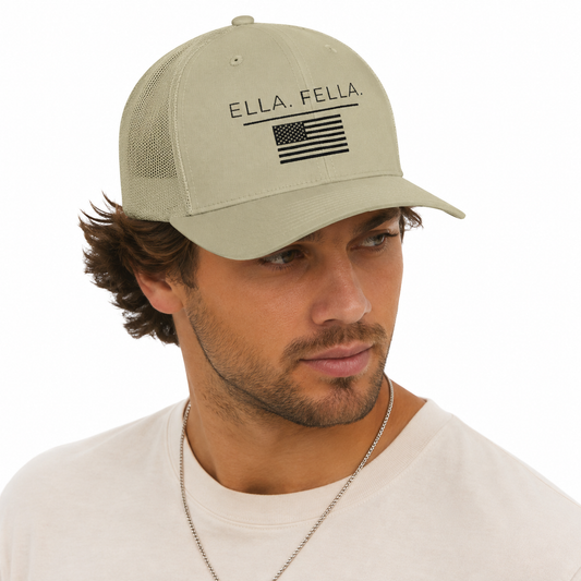 Ella Fella American Flag Trucker Hat, Embroidered Snapback Cap, Patriotic Mesh Hat, USA Hat for Men, Country Concert Hat