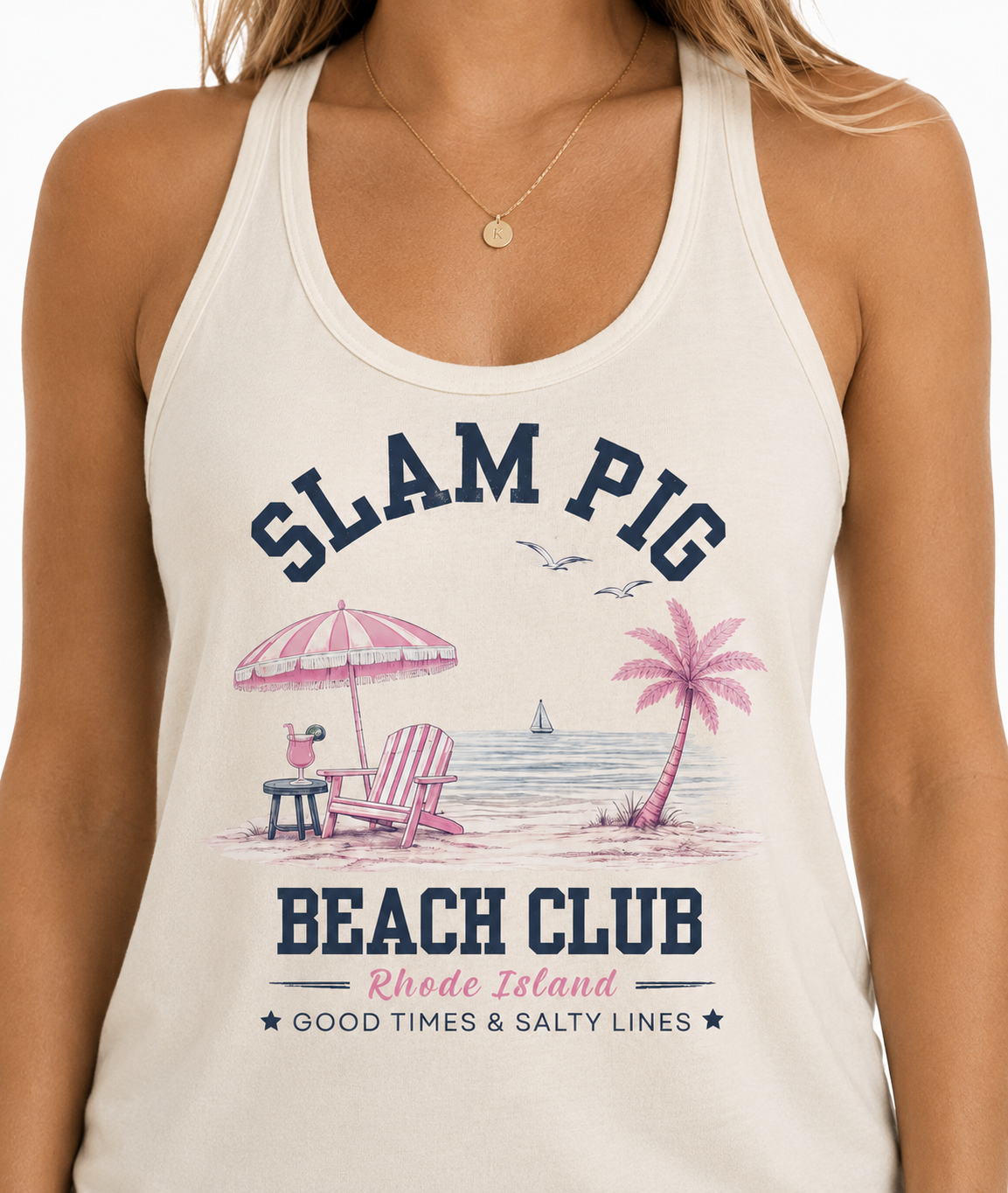 Slam Pig Beach Club Tank Top, Rhode Island Beach Shirt, Coastal Summer Natural Tank, RHORI Inspired Gift