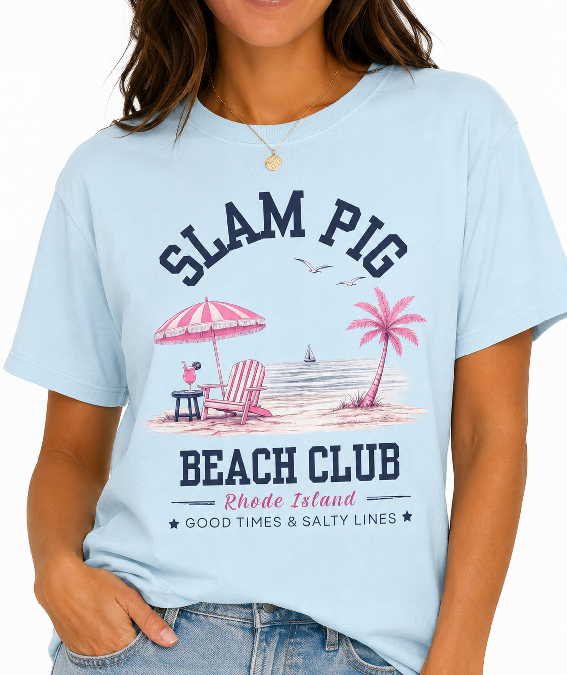 Slam Pig Beach Club Shirt, Rhode Island Beach Tee, Coastal Summer Shirt, Comfort Colors Chambray Graphic Tee, Nautical Gift, RHORI