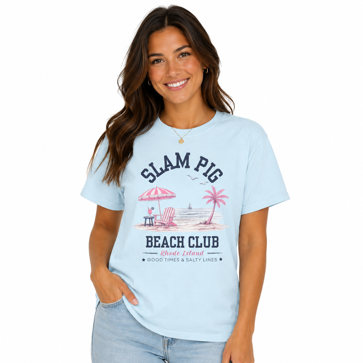 Slam Pig Beach Club Shirt, Rhode Island Beach Tee, Coastal Summer Shirt, Comfort Colors Chambray Graphic Tee, Nautical Gift, RHORI