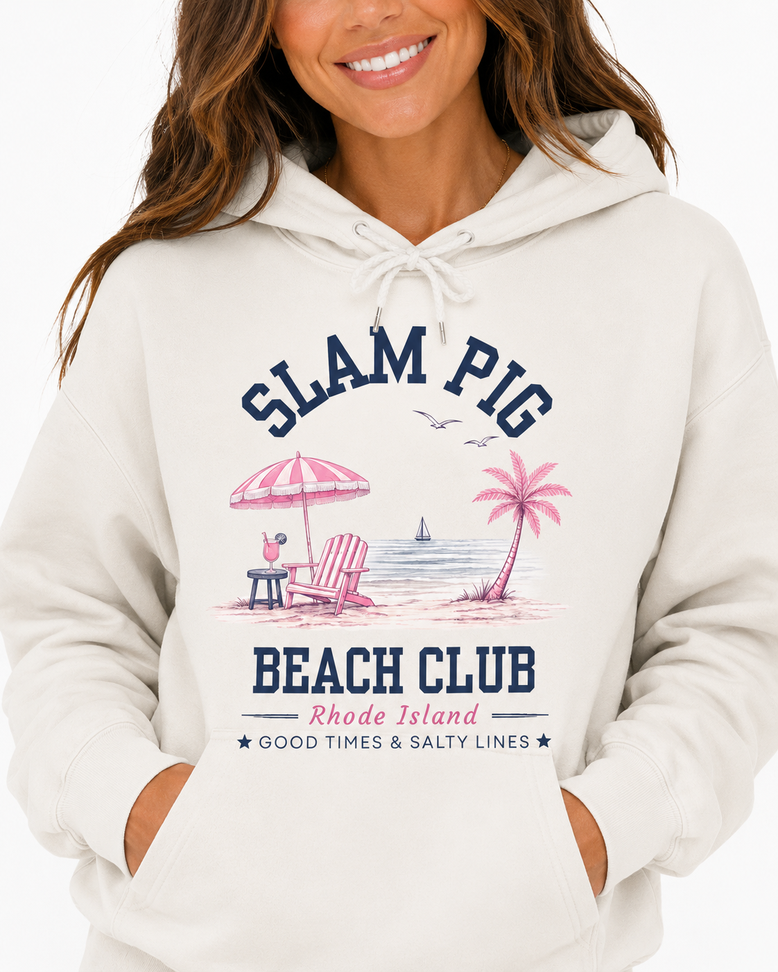 Slam Pig Beach Club Hoodie, Rhode Island Hoodie, Coastal Beach Sweatshirt, Preppy Beach Hoodie, Summer Vacation Gift, Unisex, RHORI