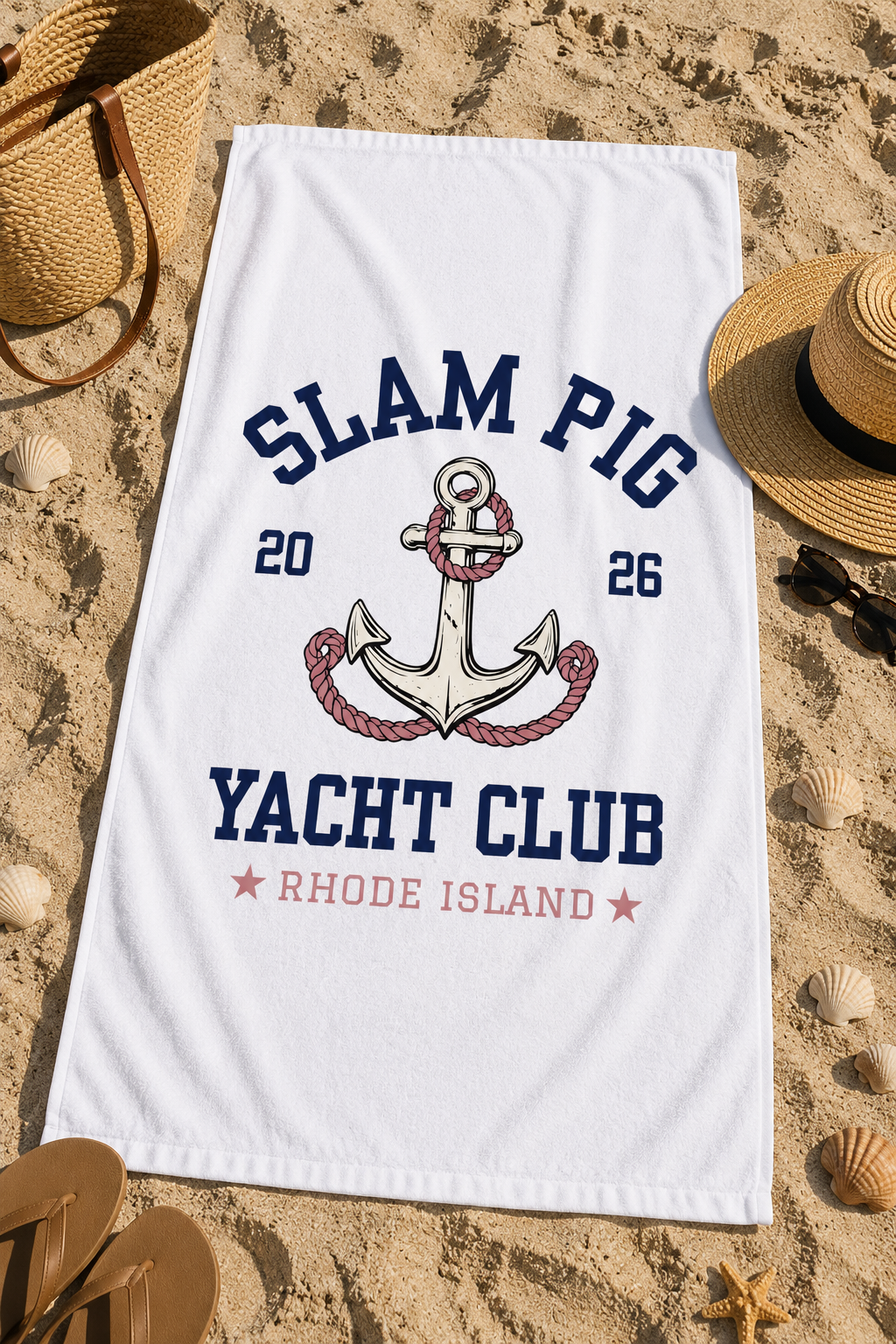 Slam Pig Yacht Club Towel, Rhode Island Yacht Club Towel, Coastal Pool Towel, Pink Navy Yacht Towel, Summer Vacation Gift, RHORI